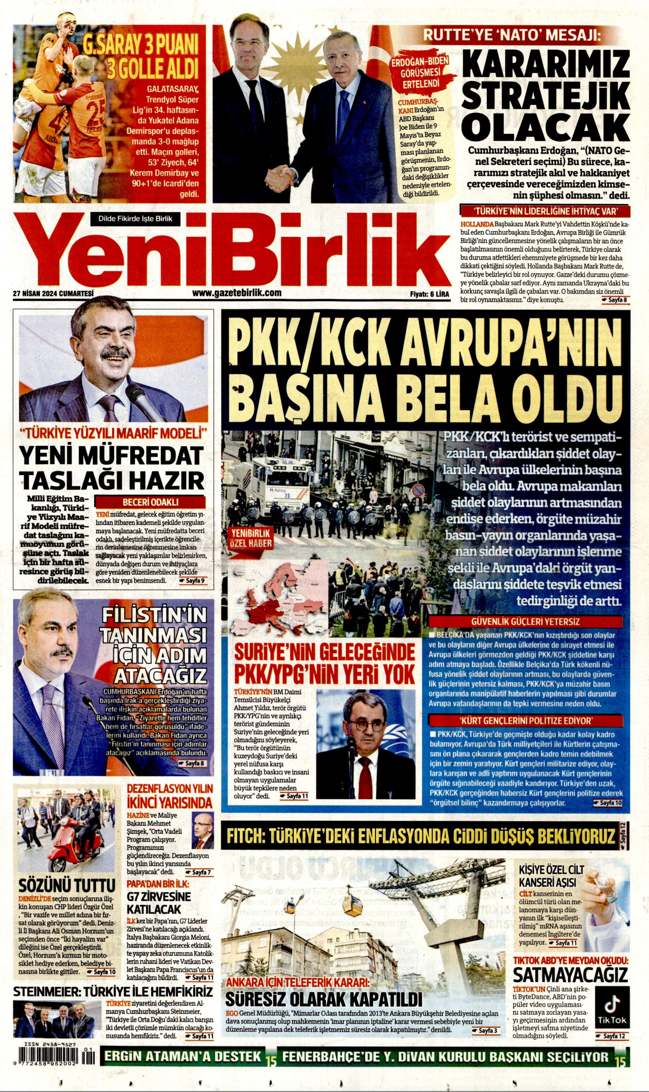 YENİBİRLİK gazetesinin 27 Nisan 2024 tarihli birinci sayfası