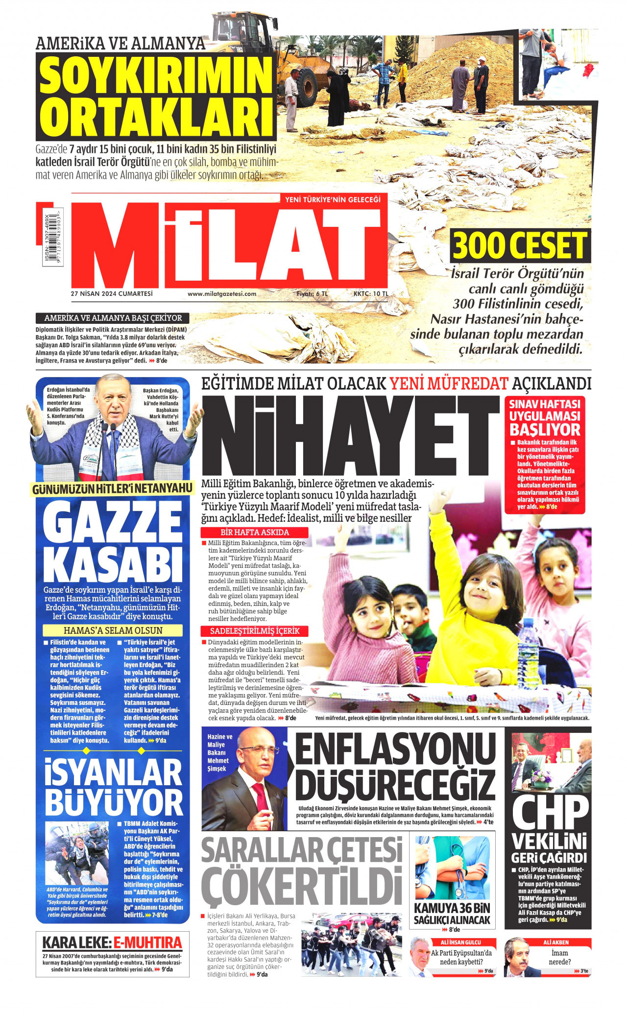 MİLAT gazetesinin 27 Nisan 2024 tarihli birinci sayfası