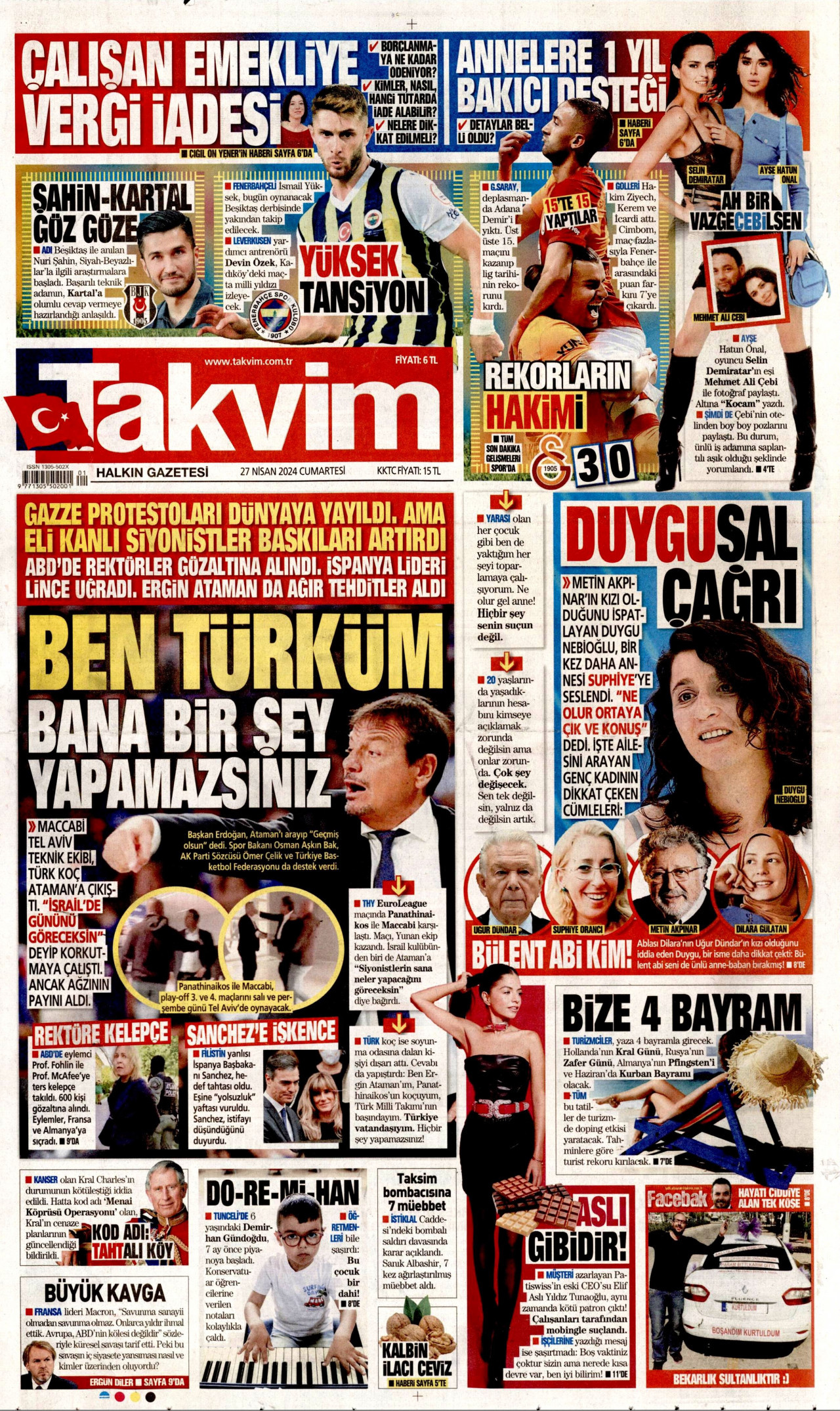 TAKVİM gazetesinin 27 Nisan 2024 tarihli birinci sayfası