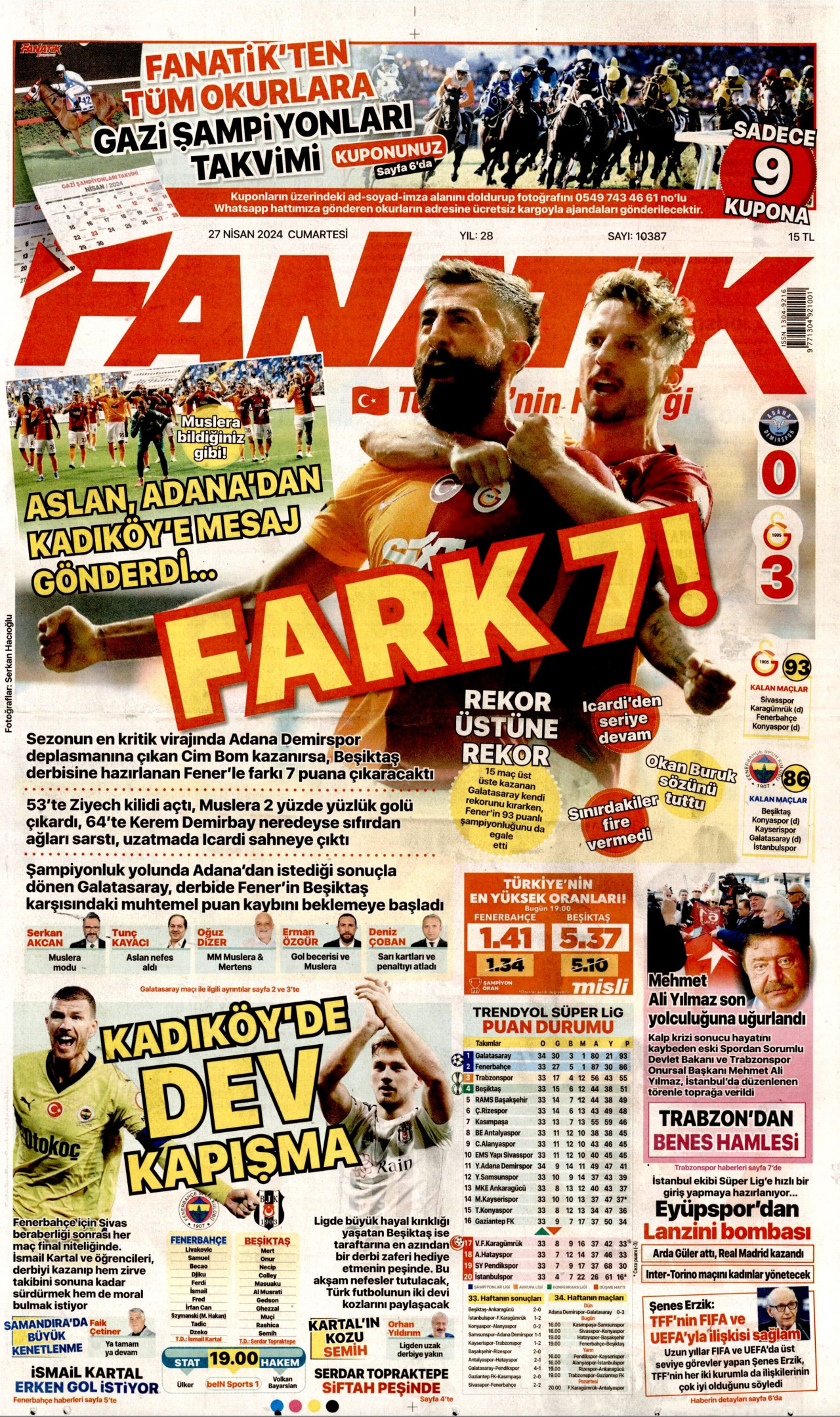 FANATİK gazetesinin 27 Nisan 2024 tarihli birinci sayfası