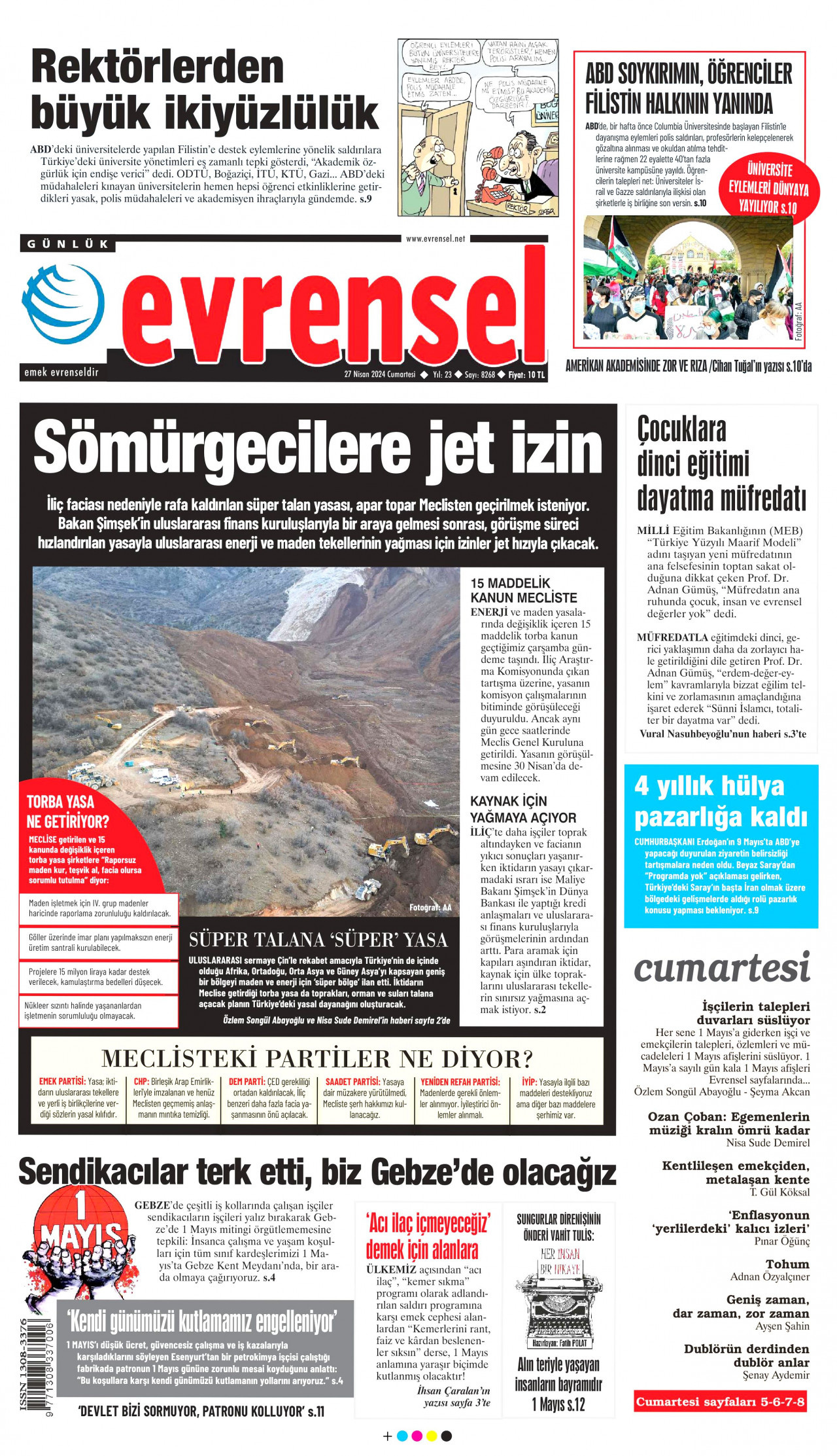 EVRENSEL gazetesinin 27 Nisan 2024 tarihli birinci sayfası