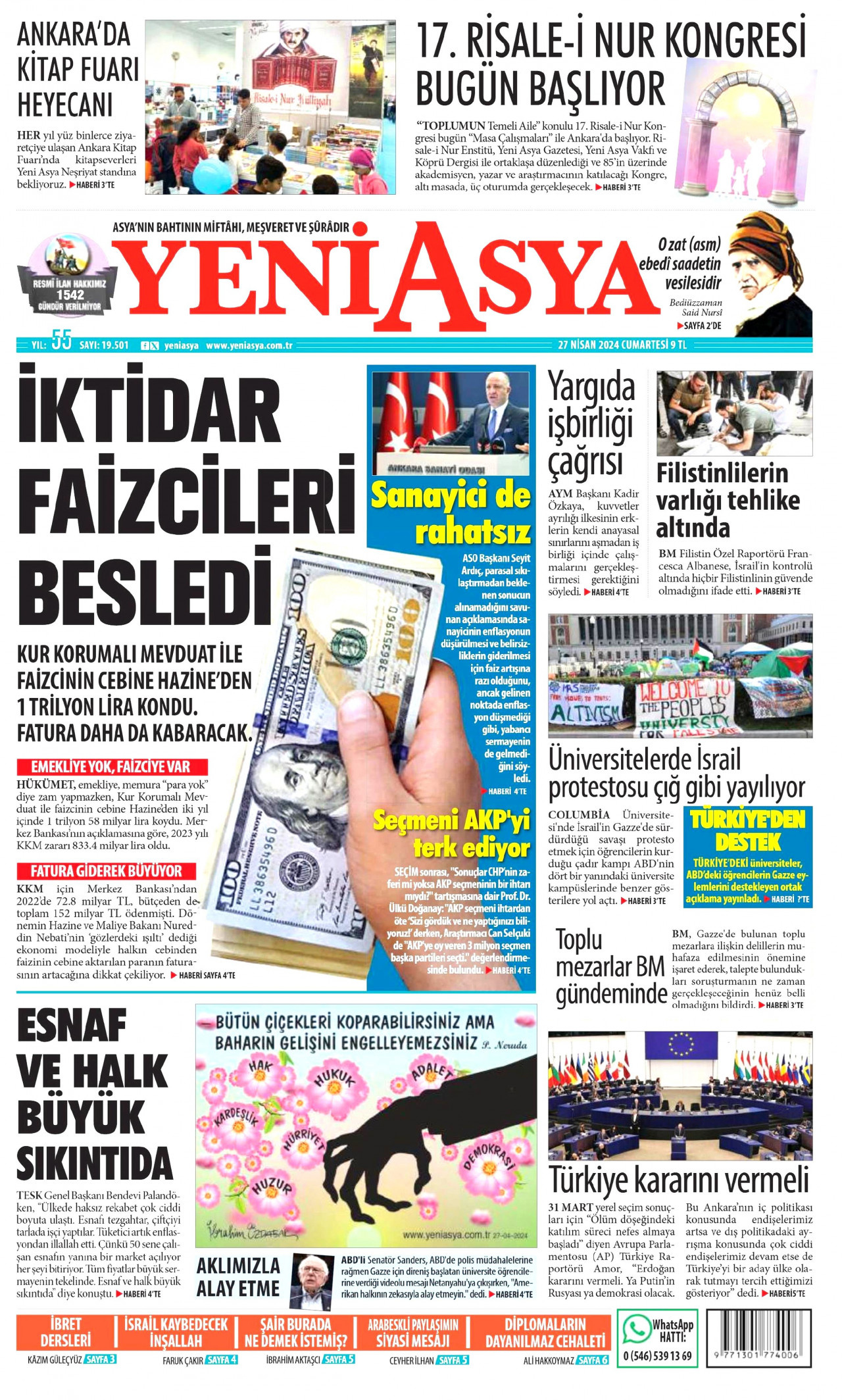 YENİ ASYA gazetesinin 27 Nisan 2024 tarihli birinci sayfası