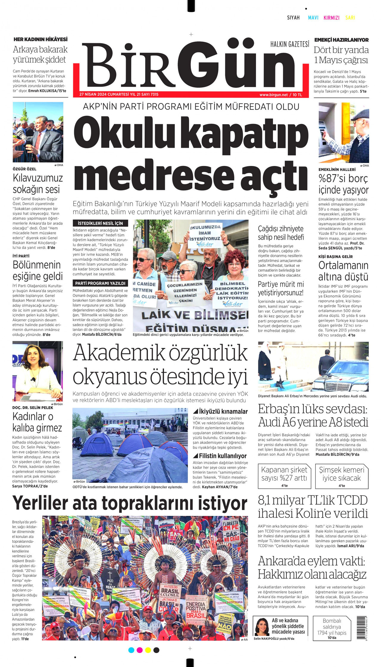 BİRGÜN gazetesinin 27 Nisan 2024 tarihli birinci sayfası