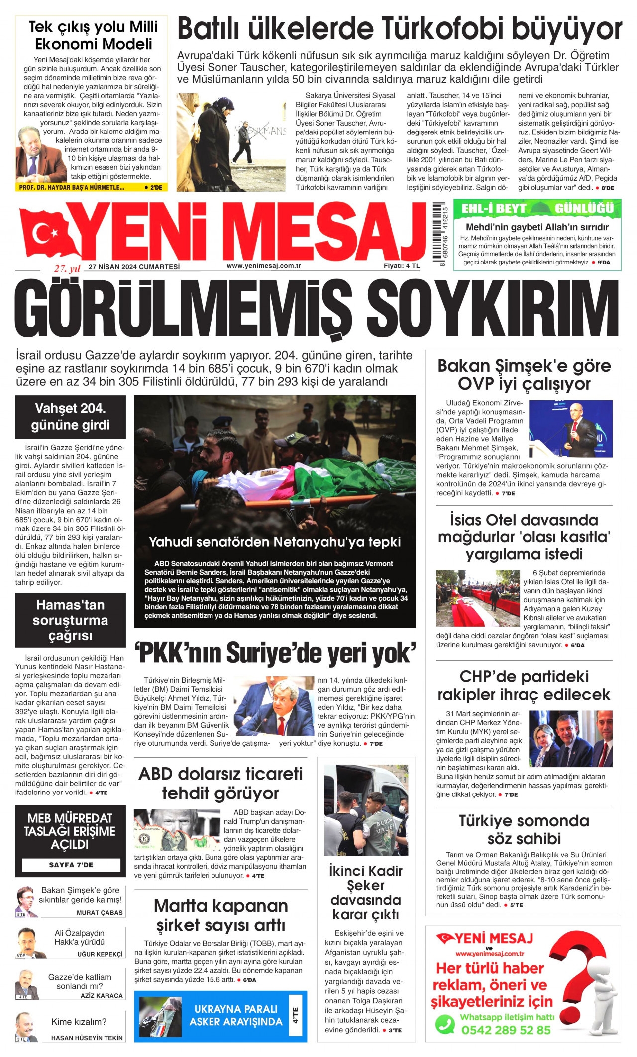 YENİ MESAJ gazetesinin 27 Nisan 2024 tarihli birinci sayfası