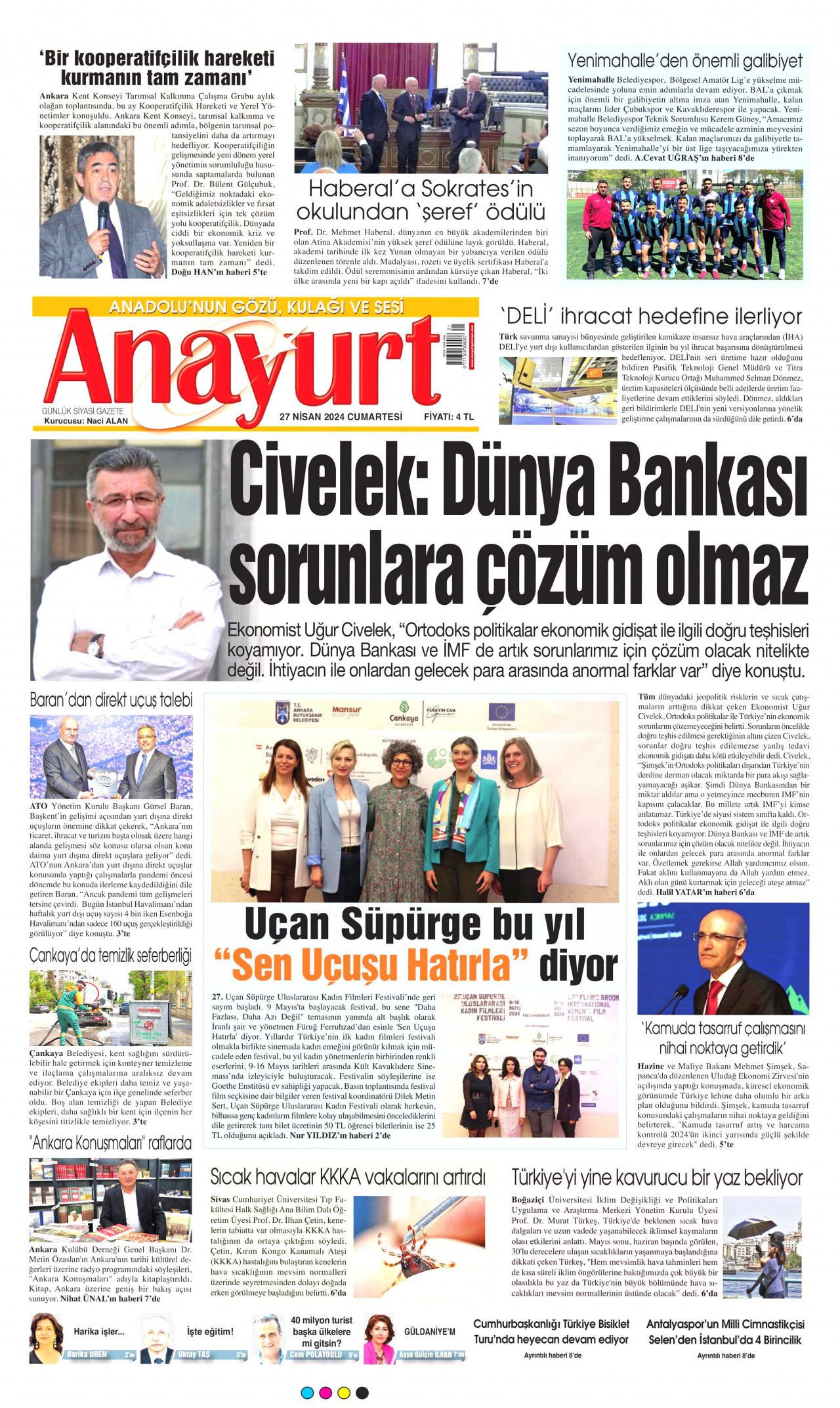 ANAYURT gazetesinin 27 Nisan 2024 tarihli birinci sayfası