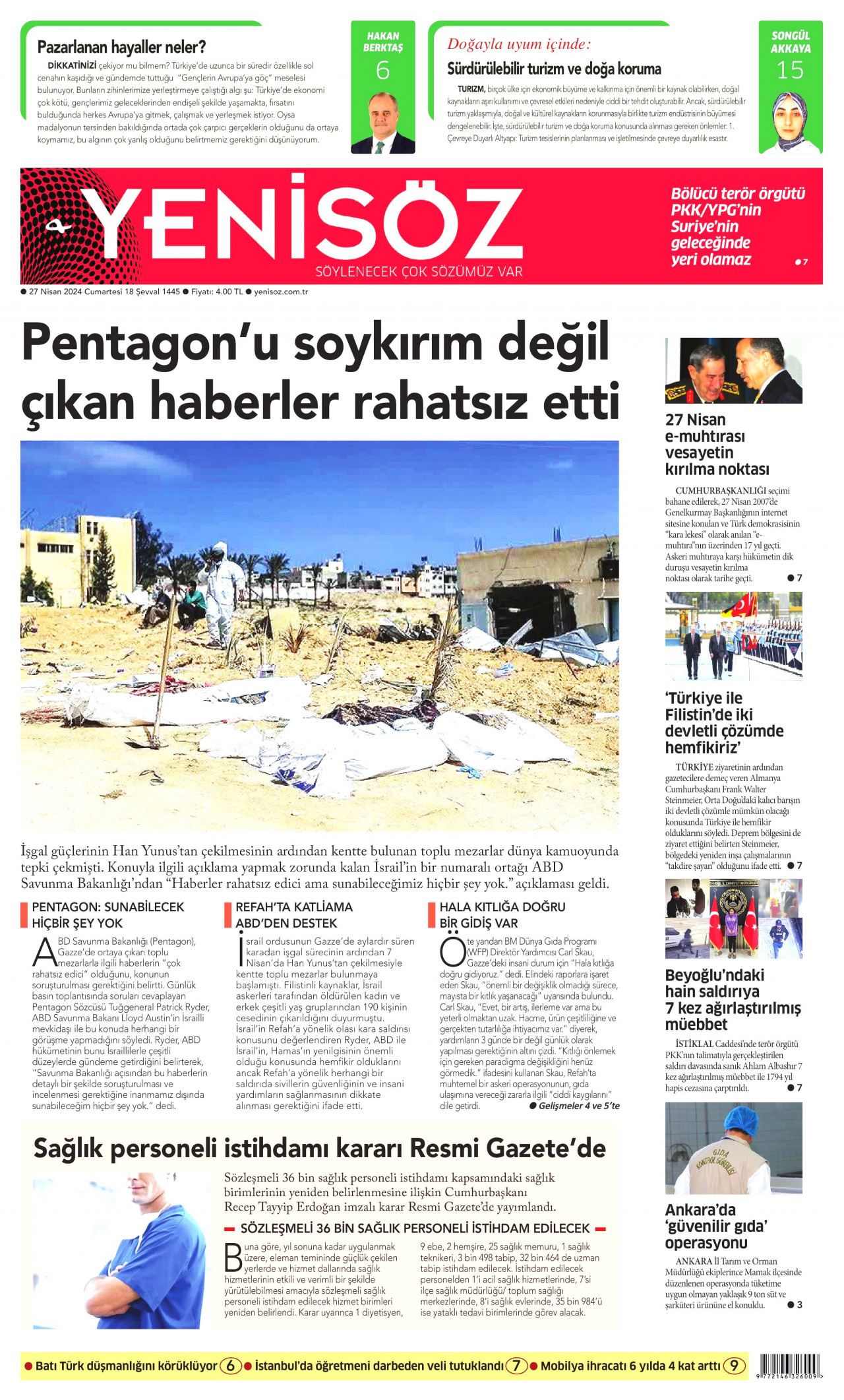 YENİ SÖZ GAZETESİ gazetesinin 27 Nisan 2024 tarihli birinci sayfası