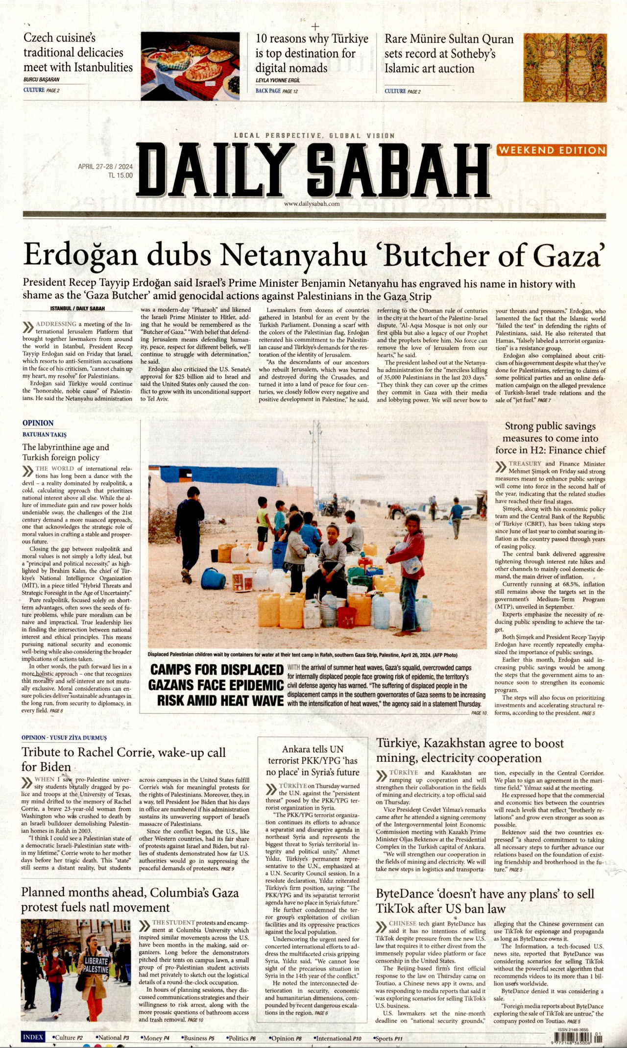 DAİLY SABAH gazetesinin 27 Nisan 2024 tarihli birinci sayfası