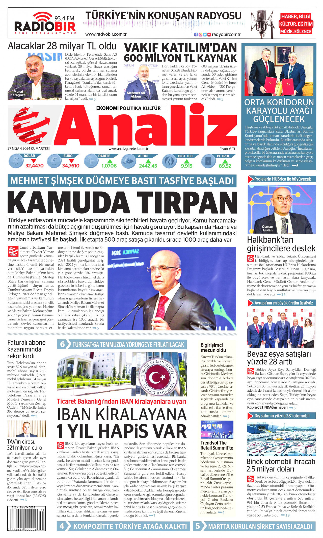 ANALİZ gazetesinin 27 Nisan 2024 tarihli birinci sayfası