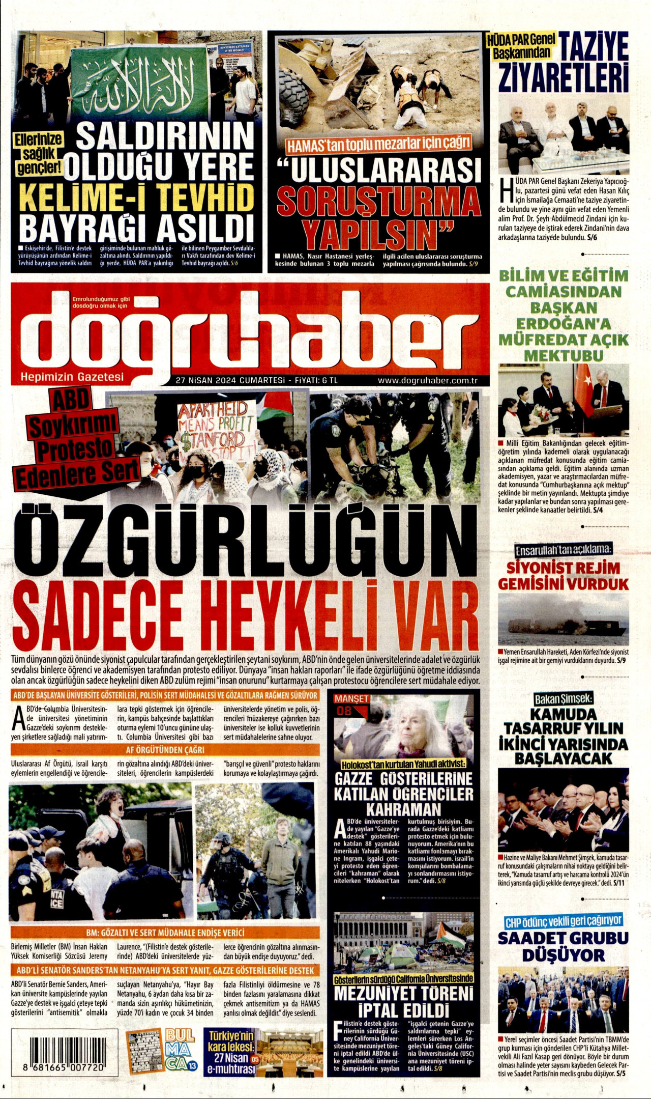 DOĞRU HABER gazetesinin 27 Nisan 2024 tarihli birinci sayfası