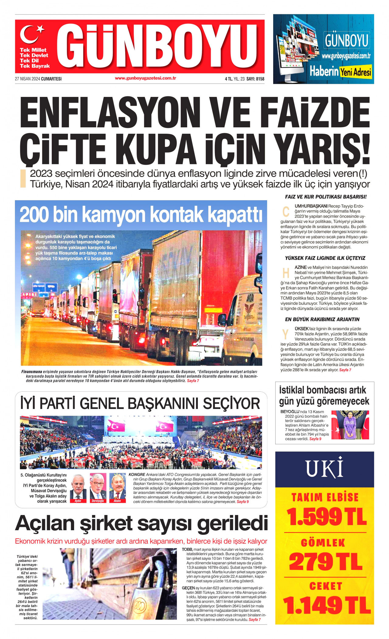 GÜNBOYU gazetesinin 27 Nisan 2024 tarihli birinci sayfası