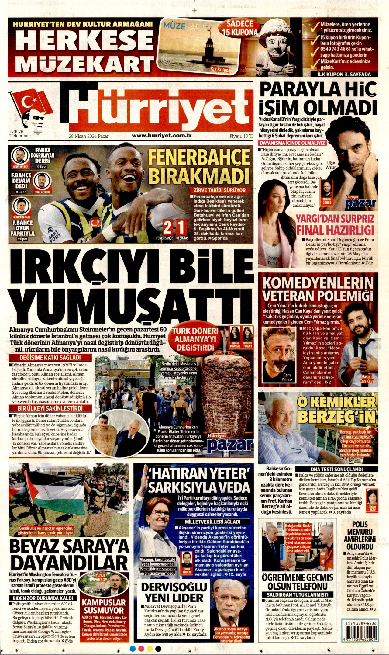 HÜRRİYET gazetesinin 28 Nisan 2024 tarihli birinci sayfası