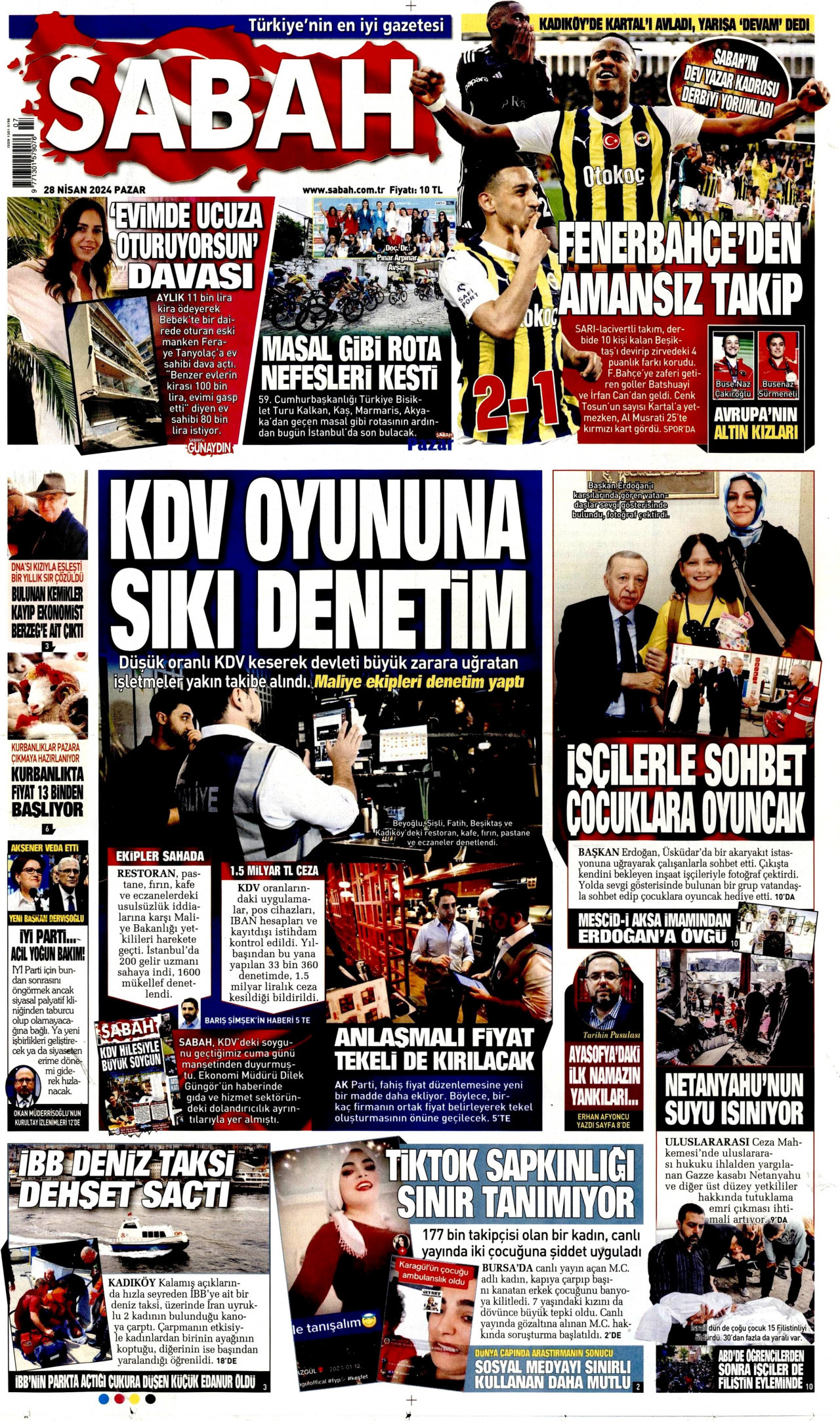 SABAH gazetesinin 28 Nisan 2024 tarihli birinci sayfası