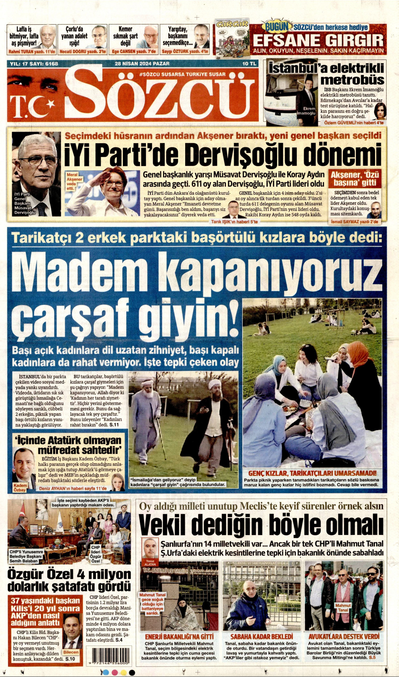 SÖZCÜ gazetesinin 28 Nisan 2024 tarihli birinci sayfası