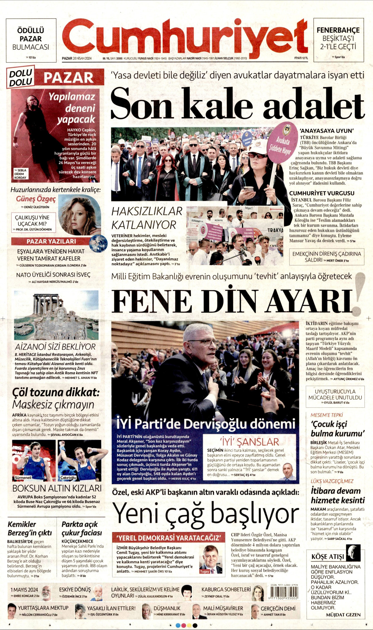 CUMHURİYET gazetesinin 28 Nisan 2024 tarihli birinci sayfası