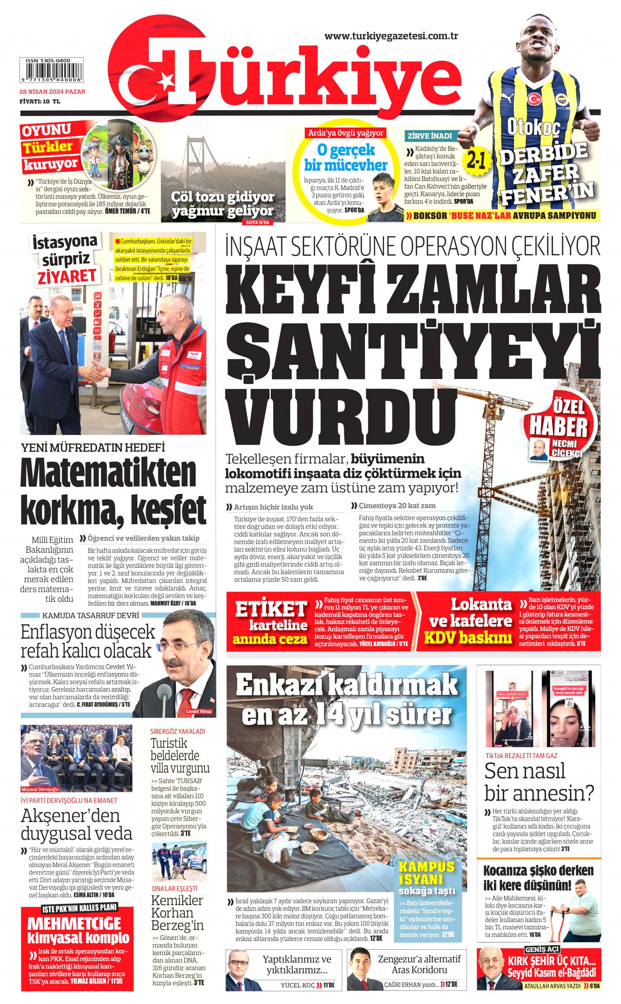 TÜRKİYE GAZETESİ gazetesinin 28 Nisan 2024 tarihli birinci sayfası