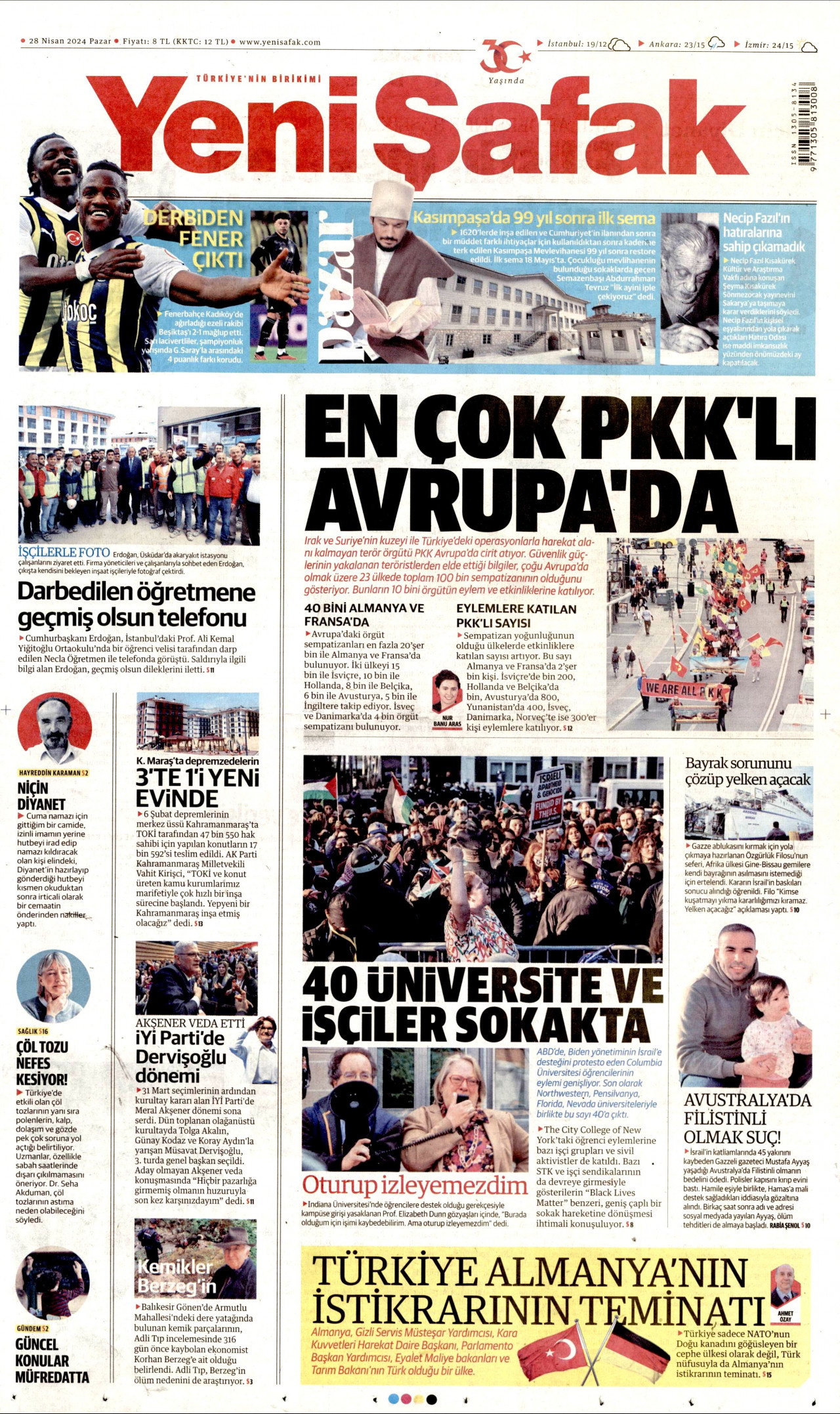 YENİ ŞAFAK gazetesinin 28 Nisan 2024 tarihli birinci sayfası