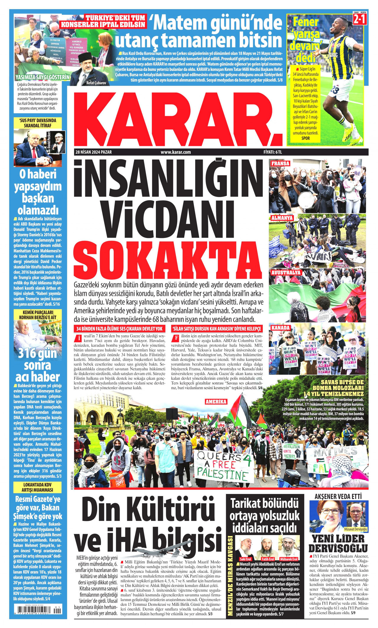 KARAR gazetesinin 28 Nisan 2024 tarihli birinci sayfası