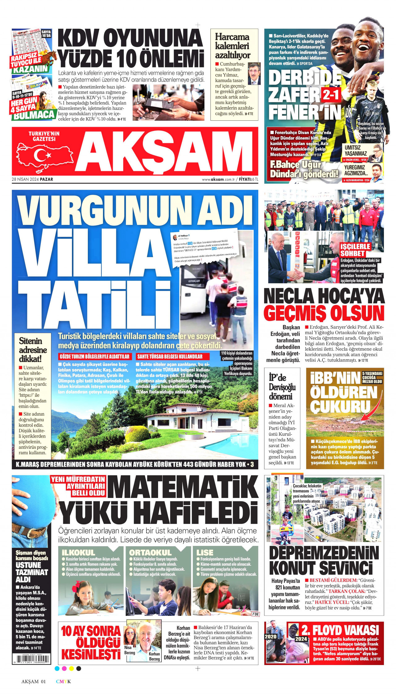 AKŞAM gazetesinin 28 Nisan 2024 tarihli birinci sayfası