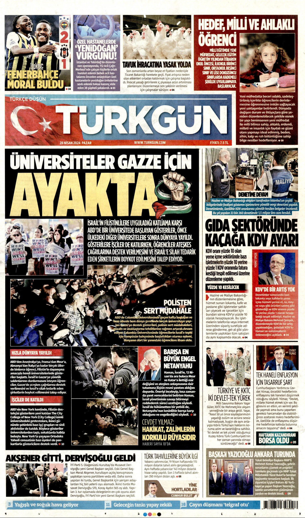 TÜRKGÜN gazetesinin 28 Nisan 2024 tarihli birinci sayfası