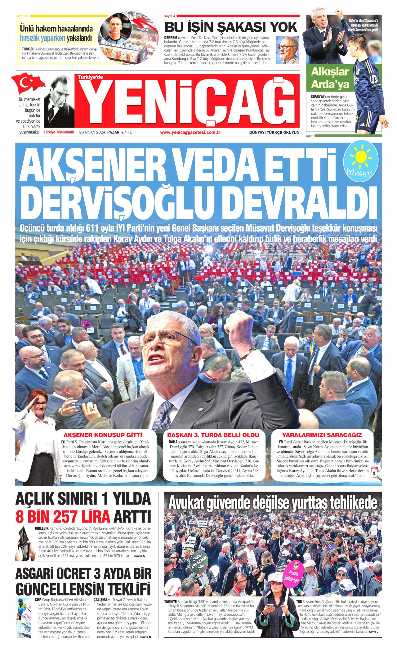 YENİÇAĞ gazetesinin 28 Nisan 2024 tarihli birinci sayfası
