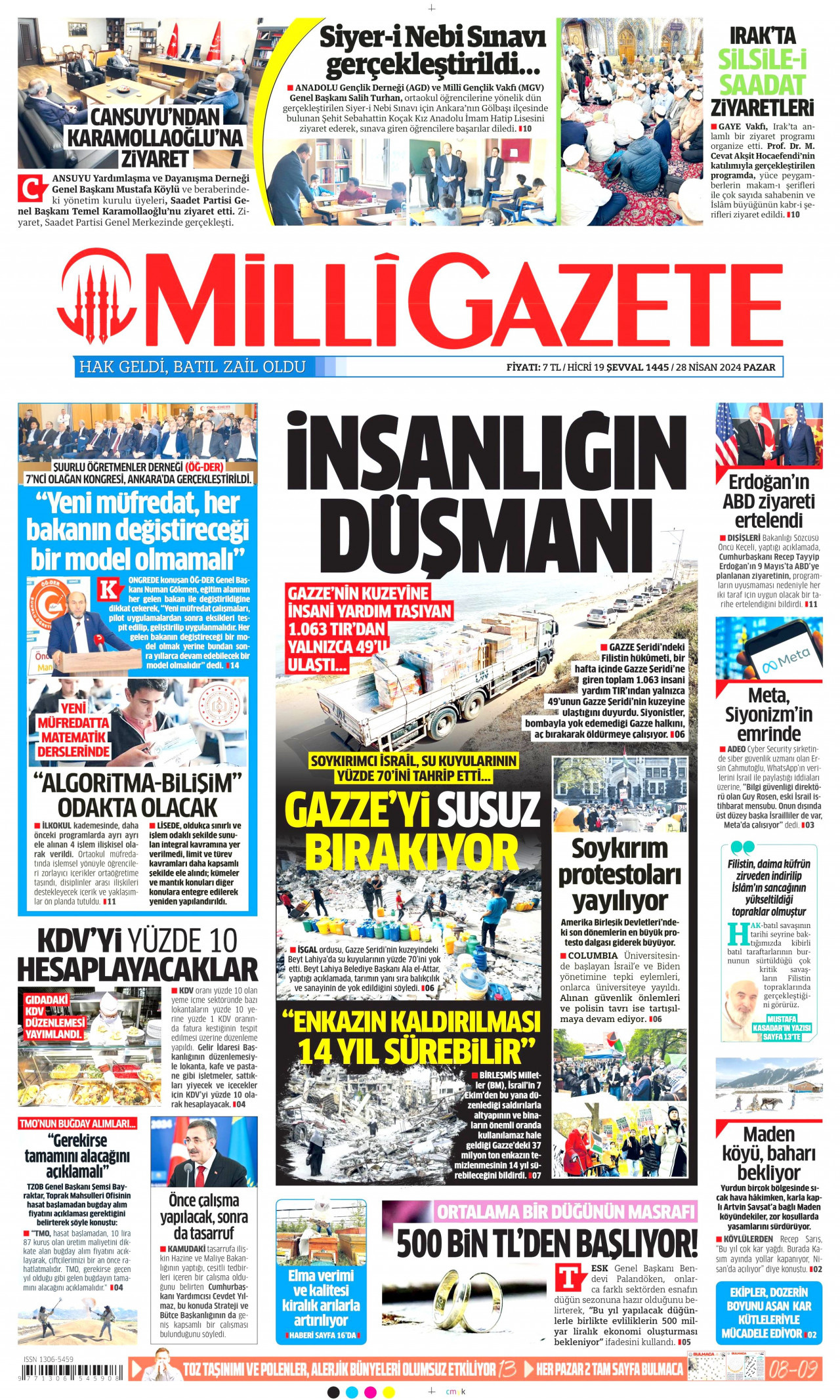 MİLLİ GAZETE gazetesinin 28 Nisan 2024 tarihli birinci sayfası