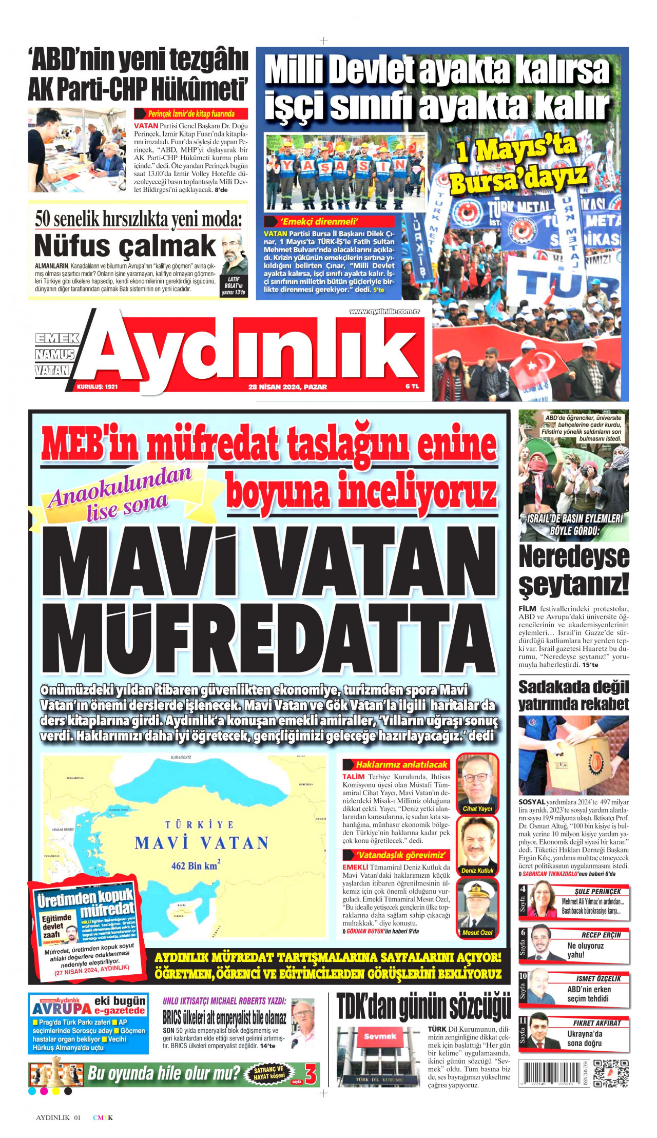 AYDINLIK GAZETESİ gazetesinin 28 Nisan 2024 tarihli birinci sayfası