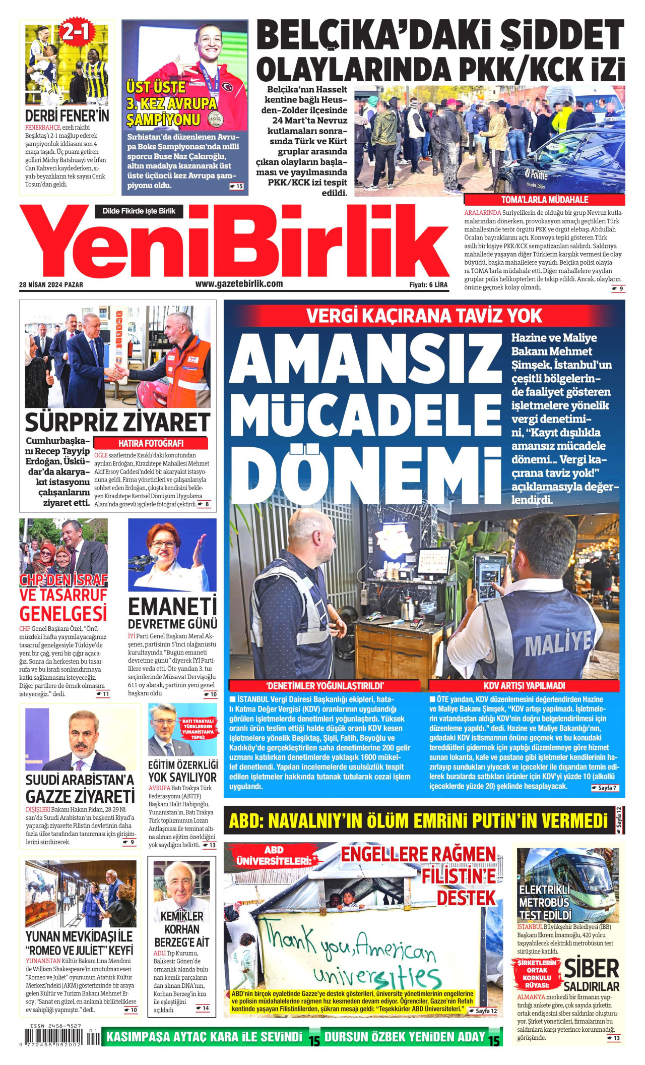 YENİBİRLİK gazetesinin 28 Nisan 2024 tarihli birinci sayfası