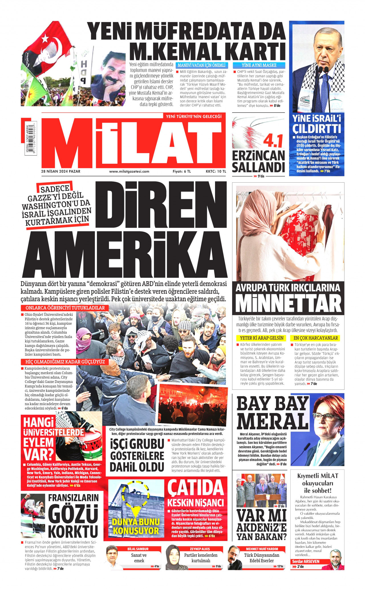 MİLAT gazetesinin 28 Nisan 2024 tarihli birinci sayfası