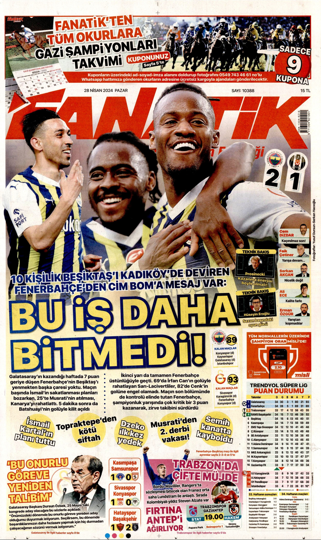 FANATİK gazetesinin 28 Nisan 2024 tarihli birinci sayfası