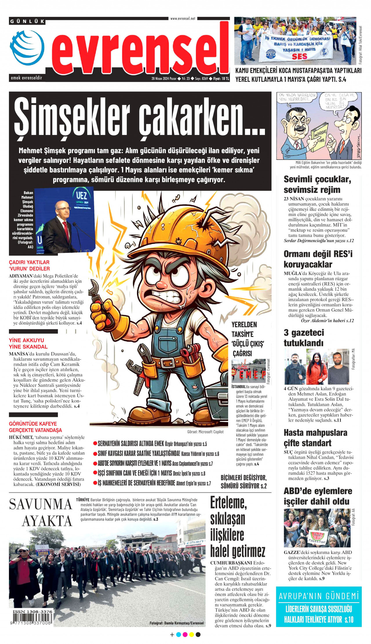 EVRENSEL gazetesinin 28 Nisan 2024 tarihli birinci sayfası