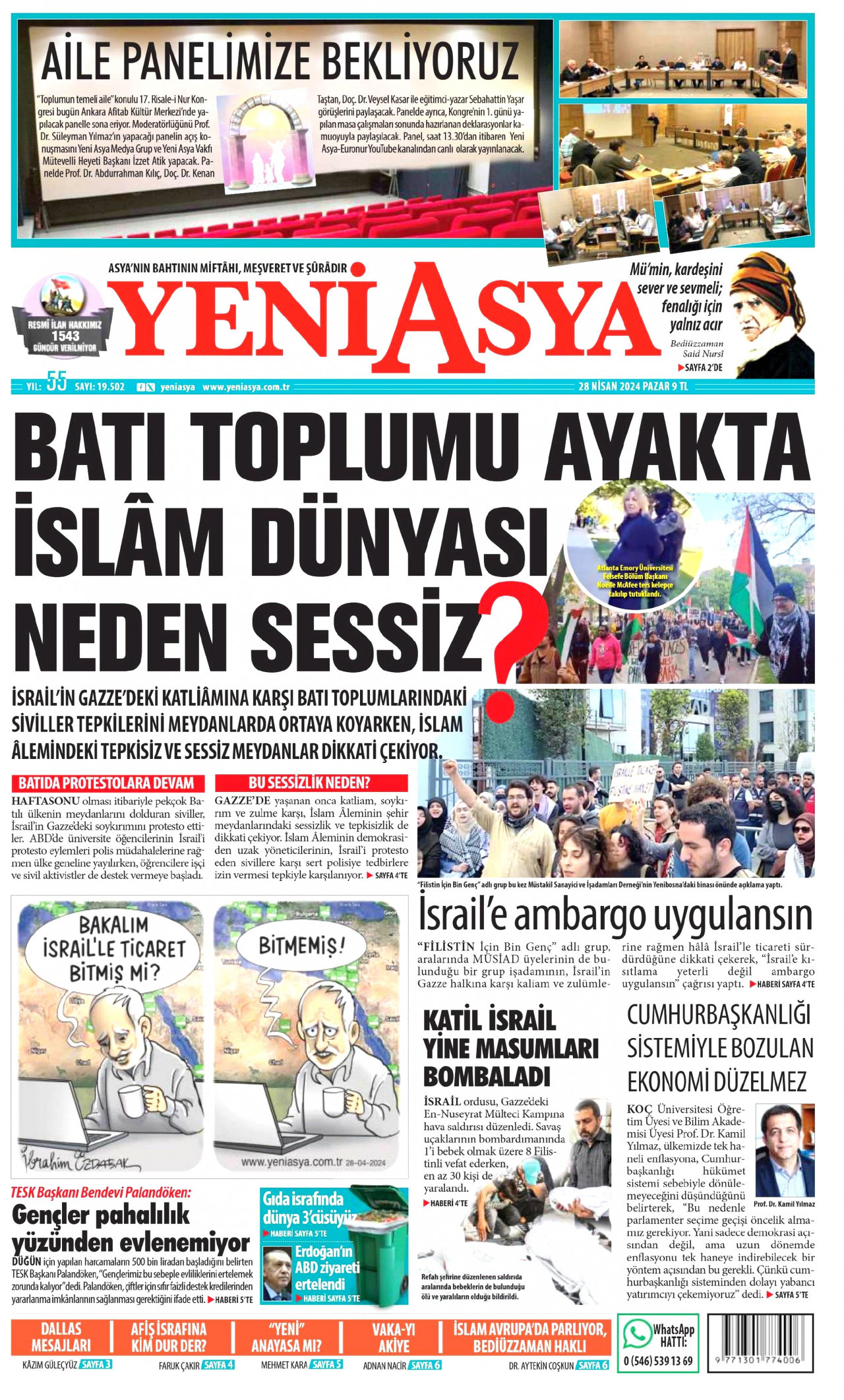 YENİ ASYA gazetesinin 28 Nisan 2024 tarihli birinci sayfası