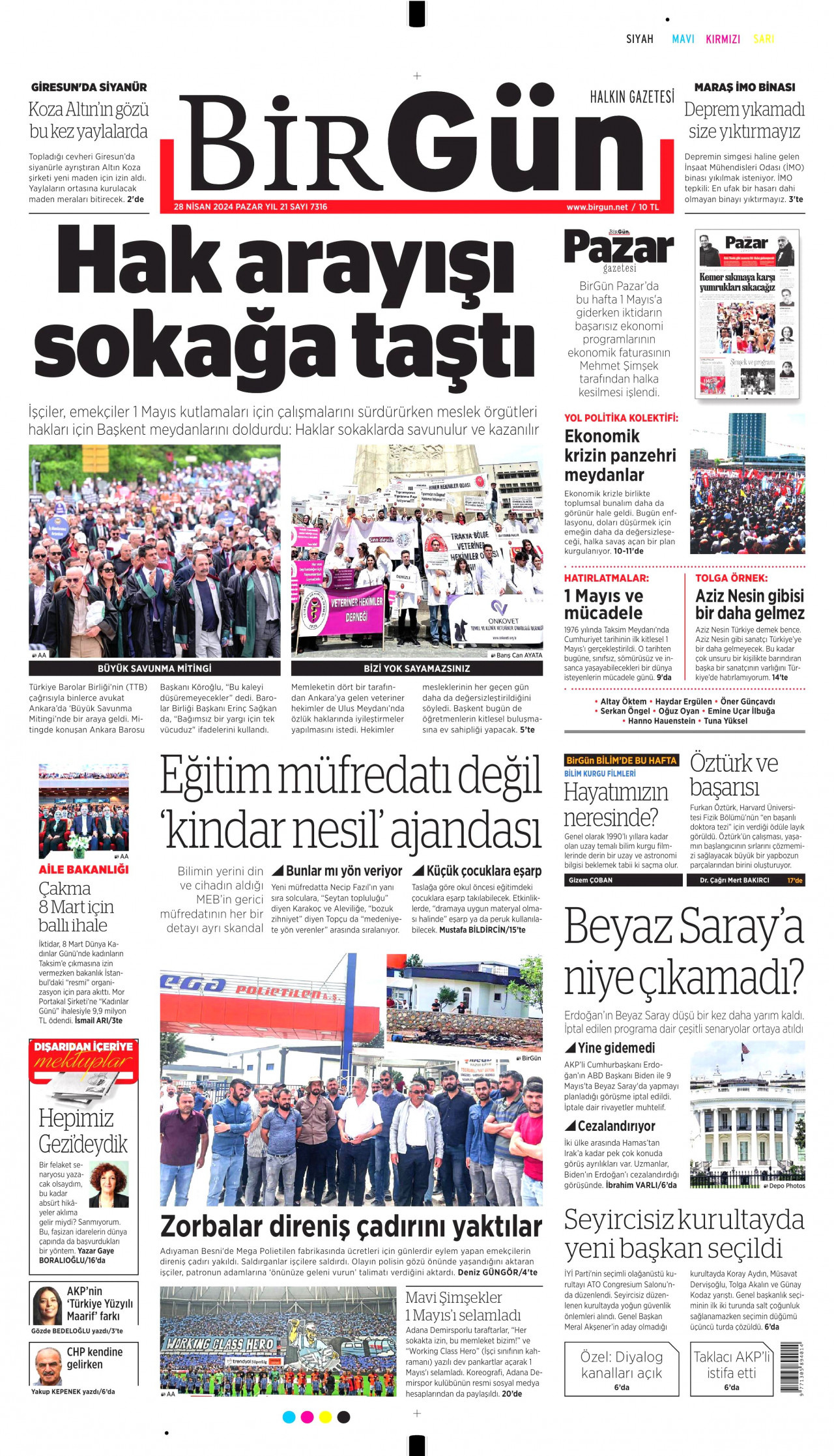 BİRGÜN gazetesinin 28 Nisan 2024 tarihli birinci sayfası