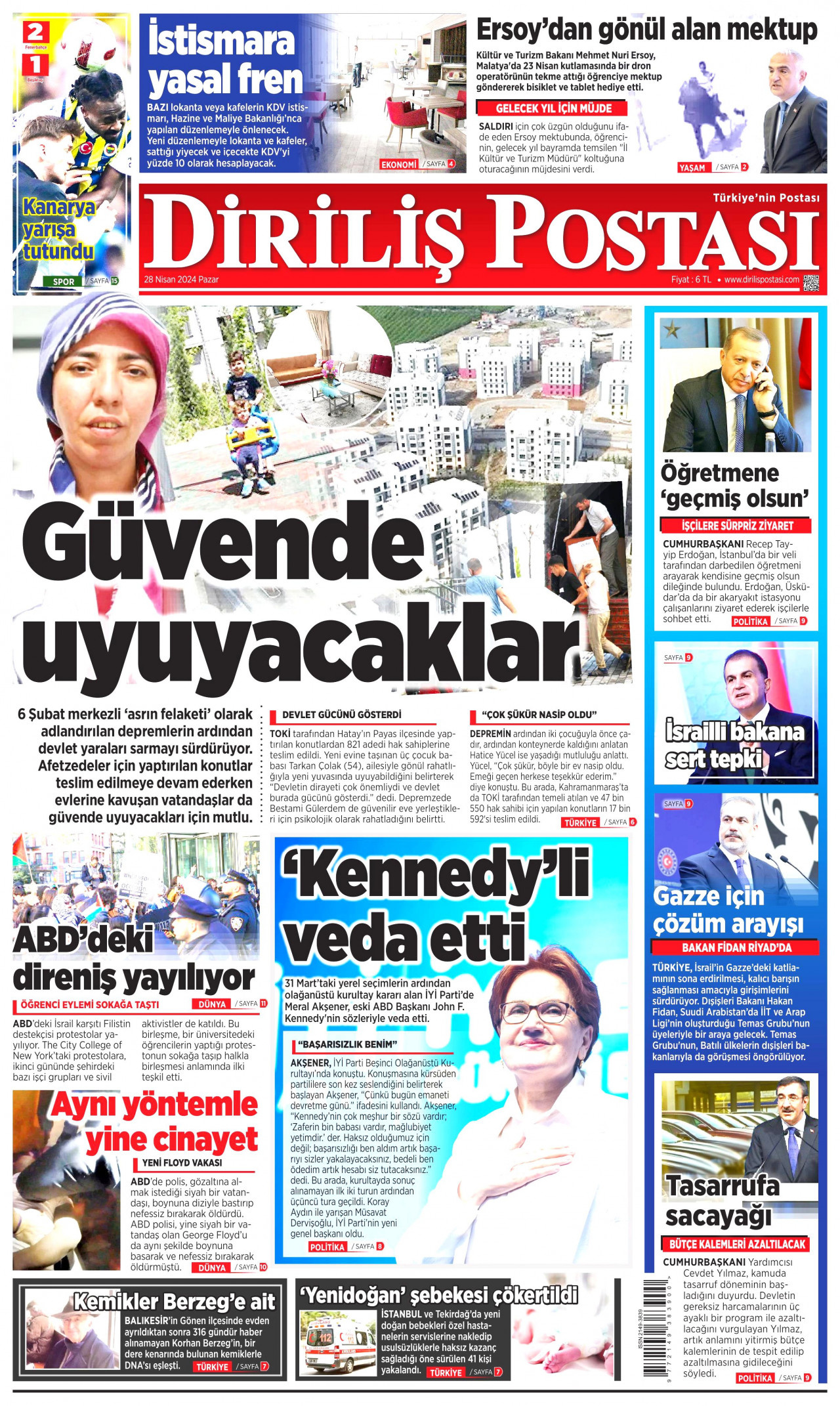 DİRİLİŞ POSTASI gazetesinin 28 Nisan 2024 tarihli birinci sayfası