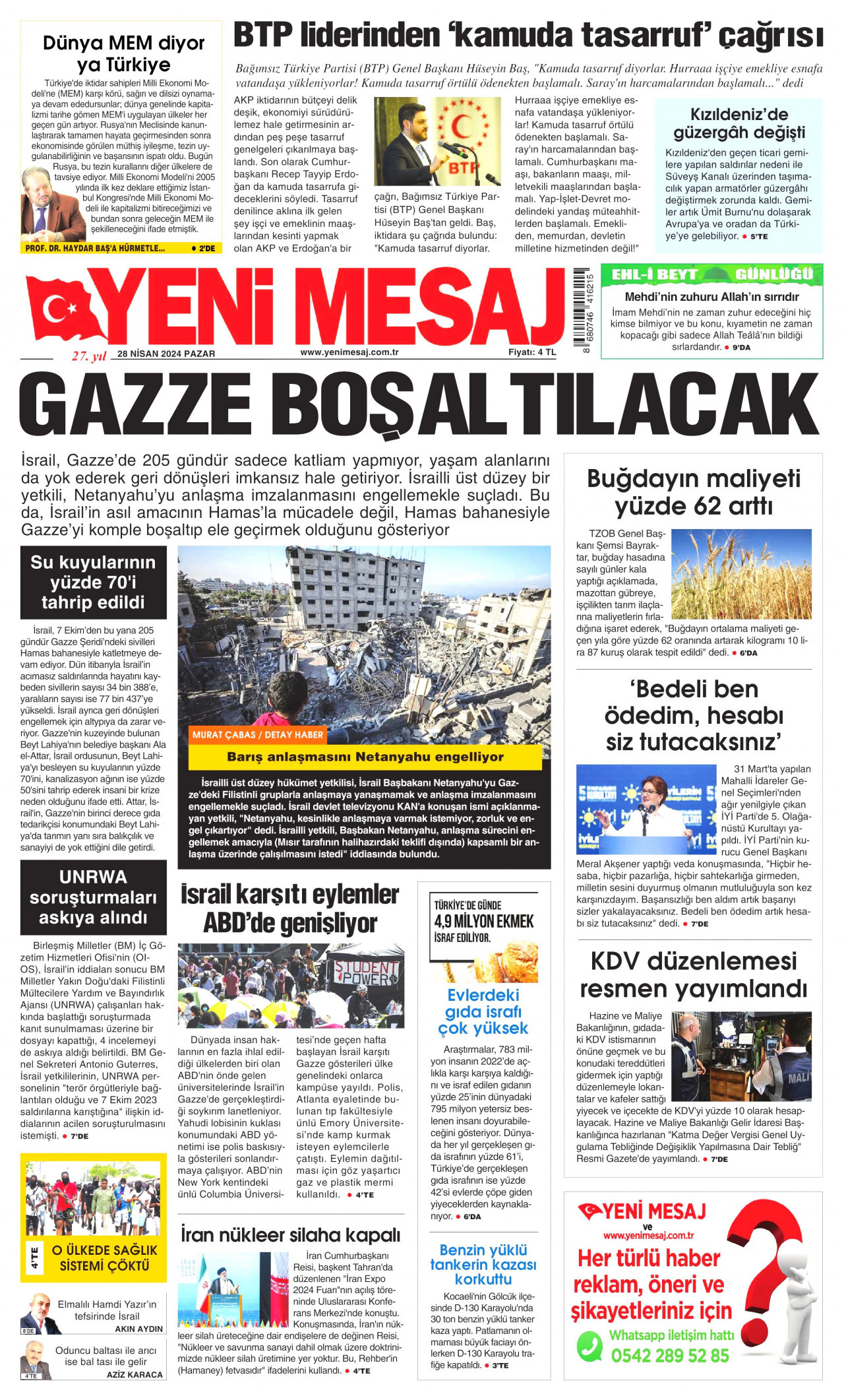 YENİ MESAJ gazetesinin 28 Nisan 2024 tarihli birinci sayfası