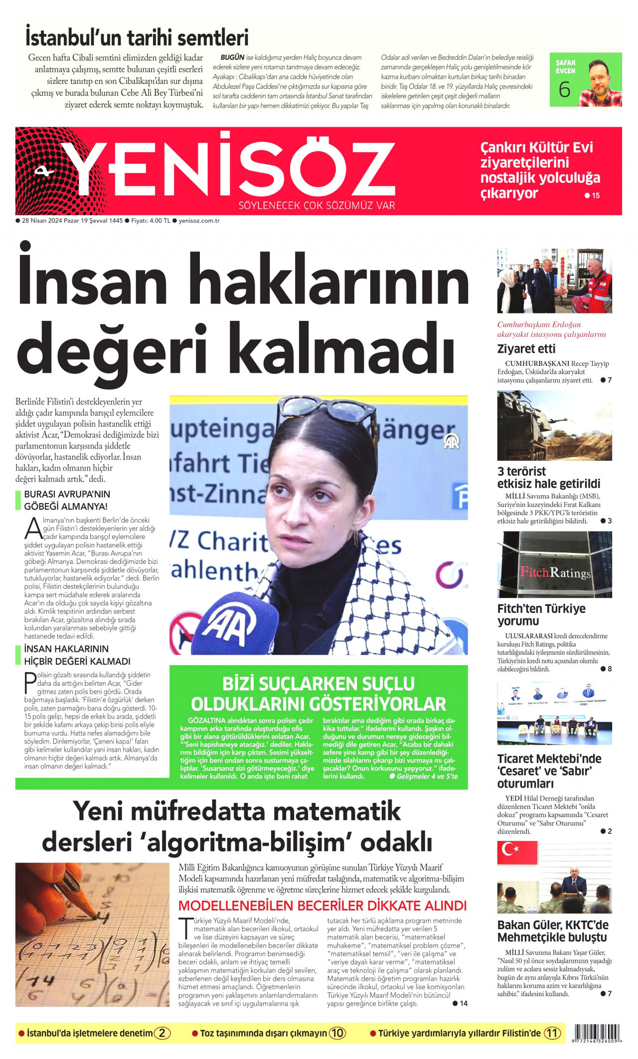 YENİ SÖZ GAZETESİ gazetesinin 28 Nisan 2024 tarihli birinci sayfası