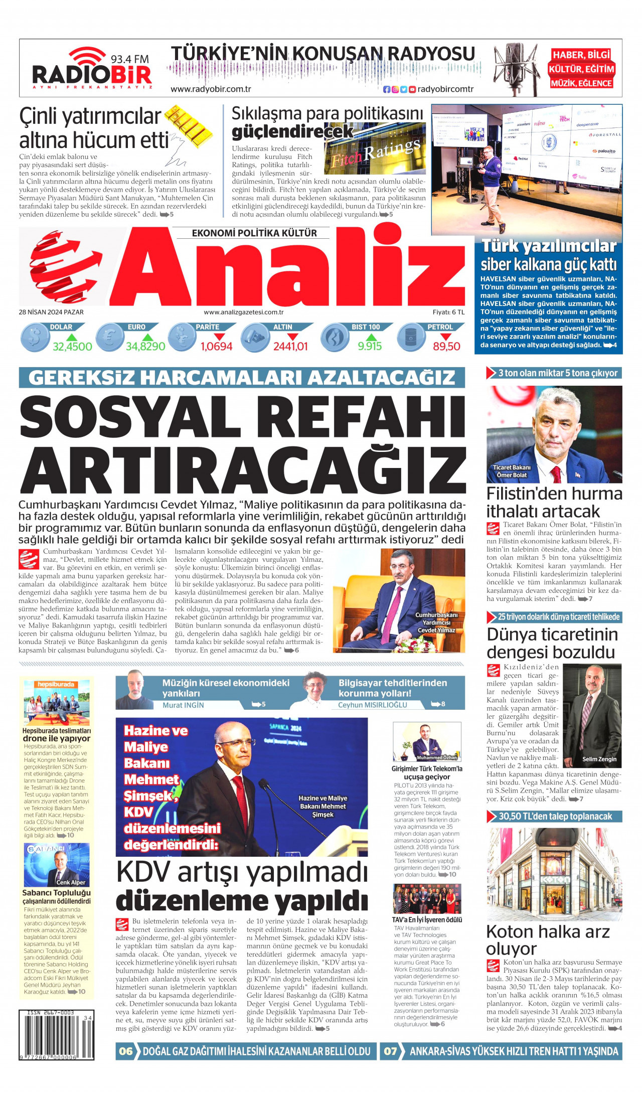 ANALİZ gazetesinin 28 Nisan 2024 tarihli birinci sayfası