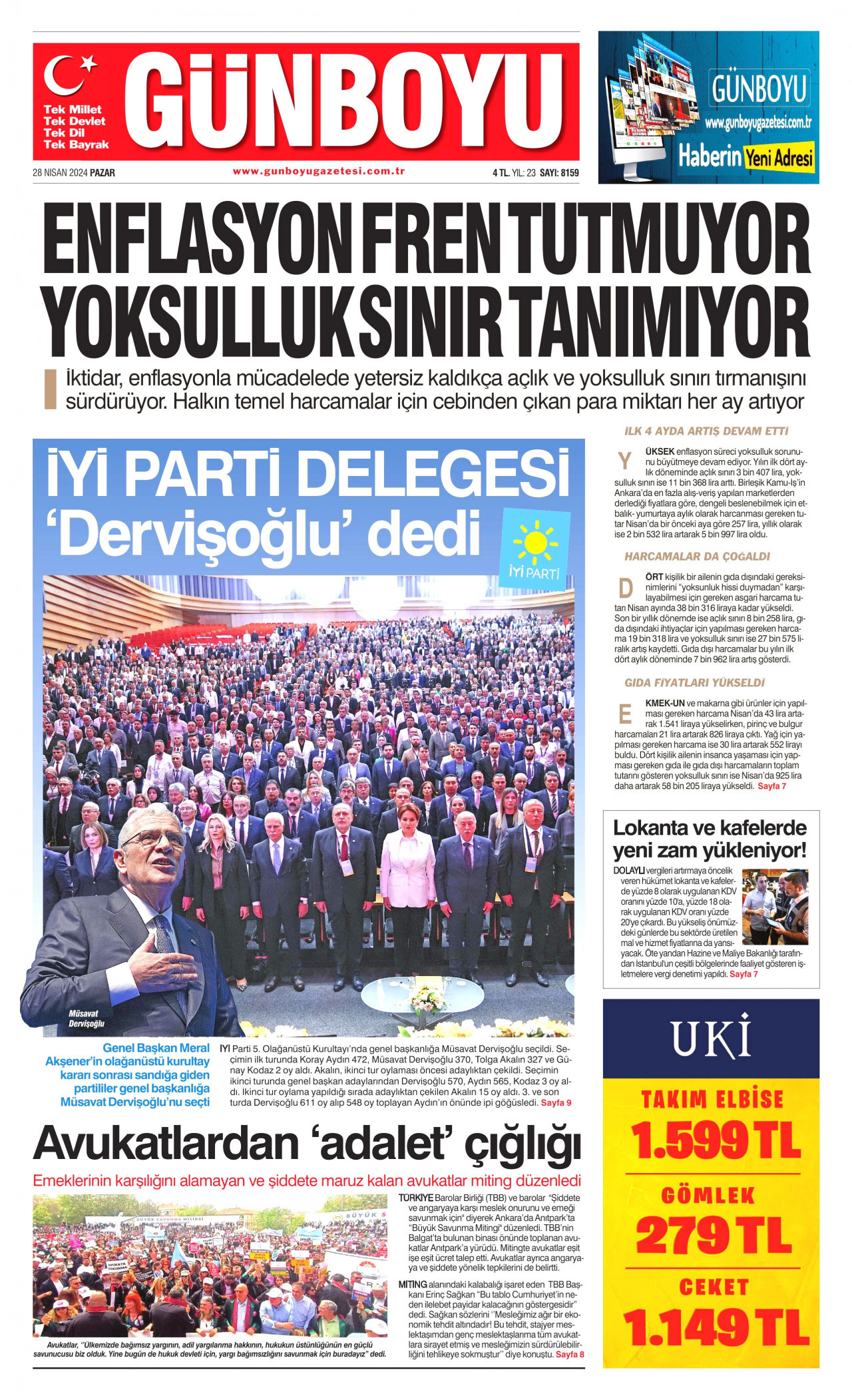 GÜNBOYU gazetesinin 28 Nisan 2024 tarihli birinci sayfası