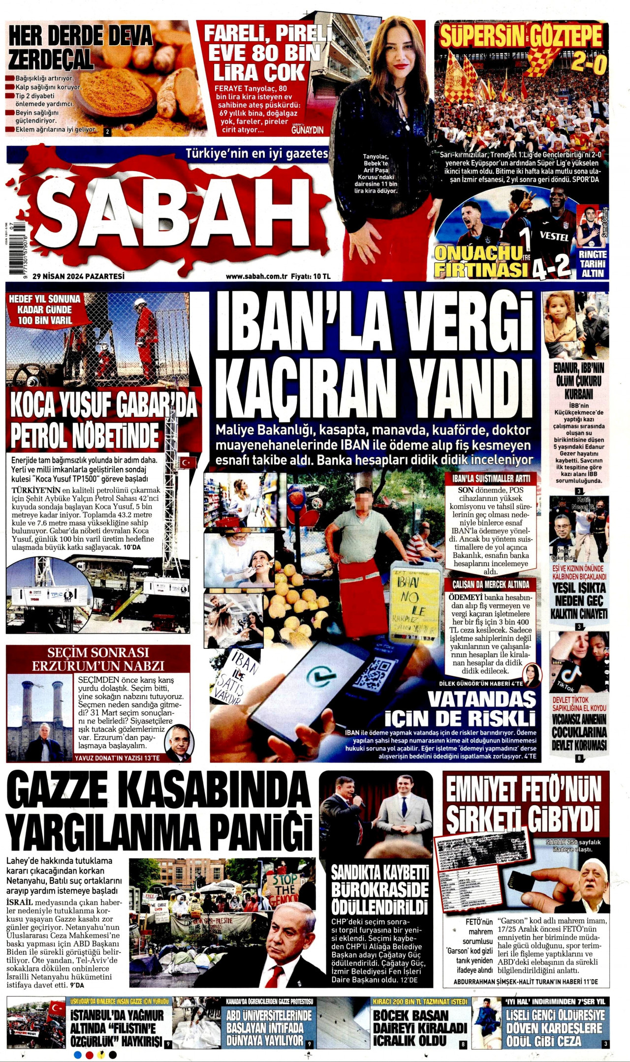 SABAH gazetesinin 29 Nisan 2024 tarihli birinci sayfası