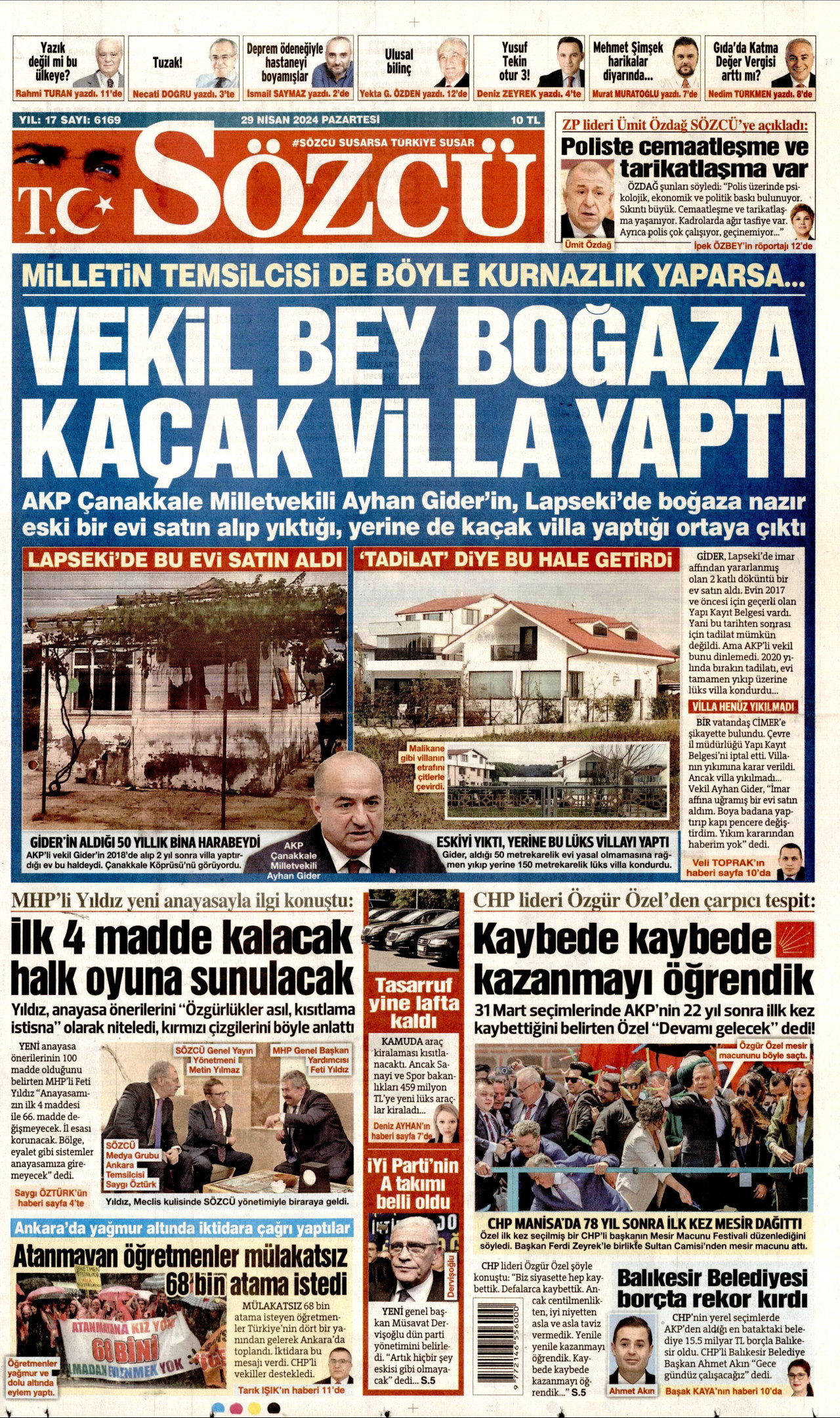 SÖZCÜ gazetesinin 29 Nisan 2024 tarihli birinci sayfası