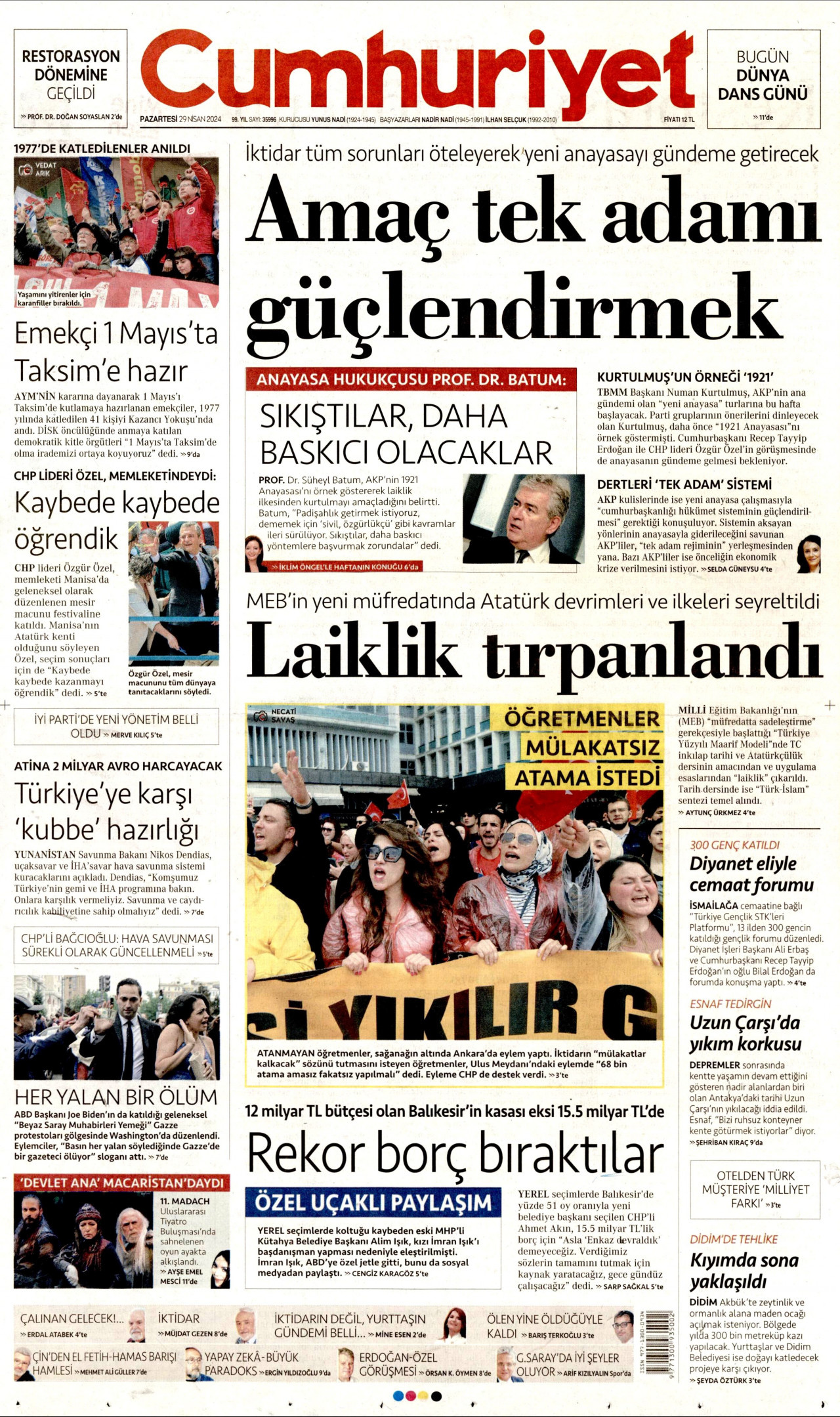 CUMHURİYET gazetesinin 29 Nisan 2024 tarihli birinci sayfası