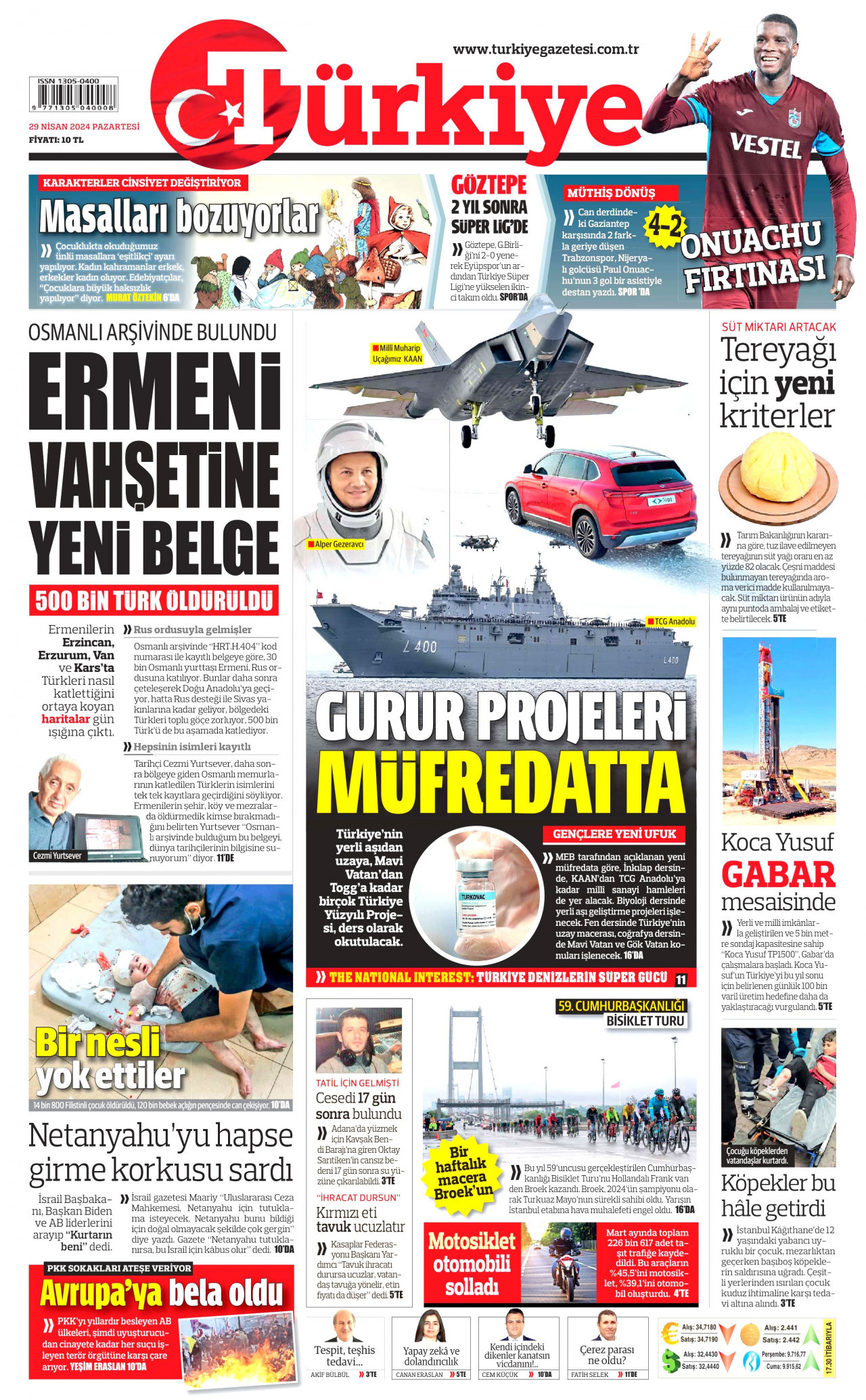 TÜRKİYE GAZETESİ gazetesinin 29 Nisan 2024 tarihli birinci sayfası
