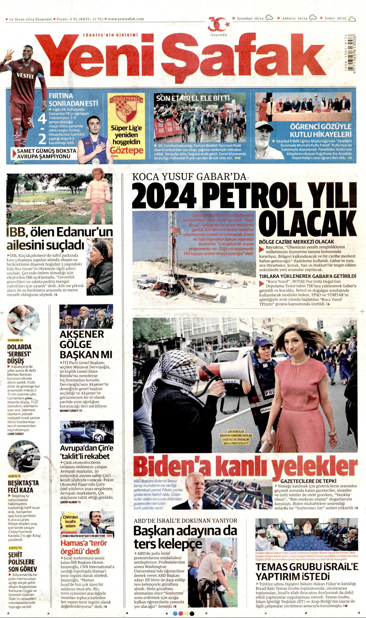 YENİ ŞAFAK gazetesinin 29 Nisan 2024 tarihli birinci sayfası