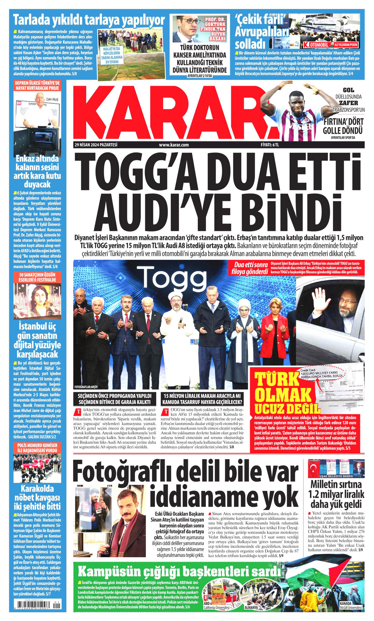 KARAR gazetesinin 29 Nisan 2024 tarihli birinci sayfası