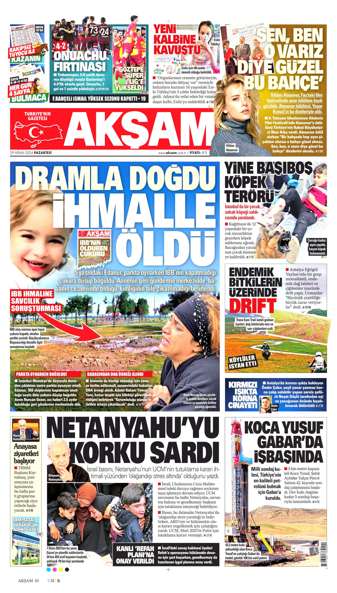 AKŞAM gazetesinin 29 Nisan 2024 tarihli birinci sayfası