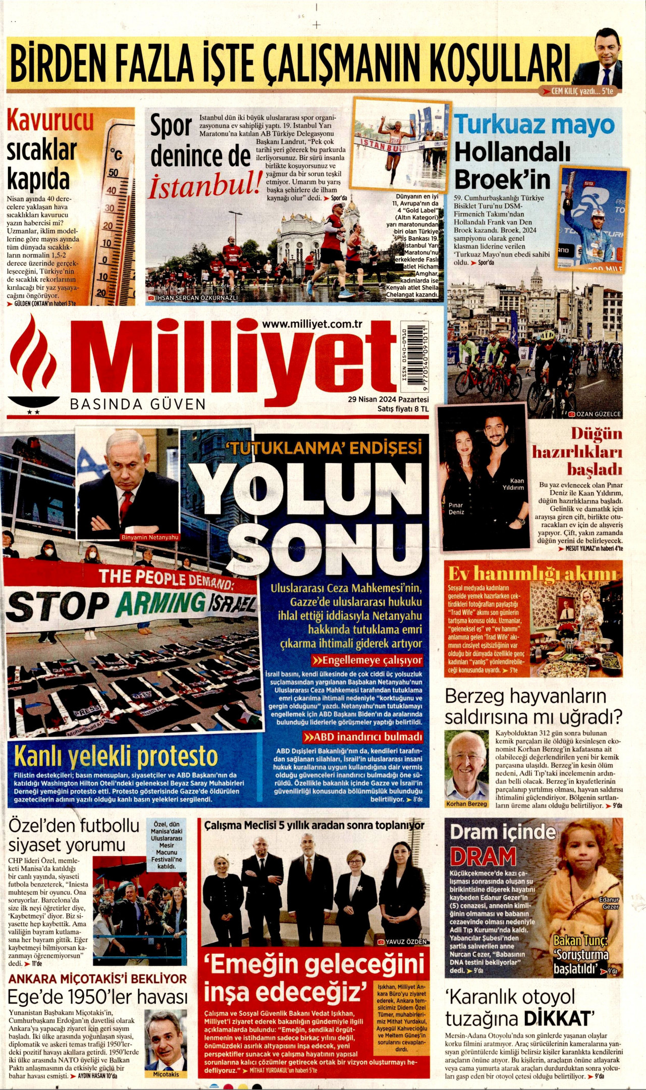 MİLLİYET gazetesinin 29 Nisan 2024 tarihli birinci sayfası