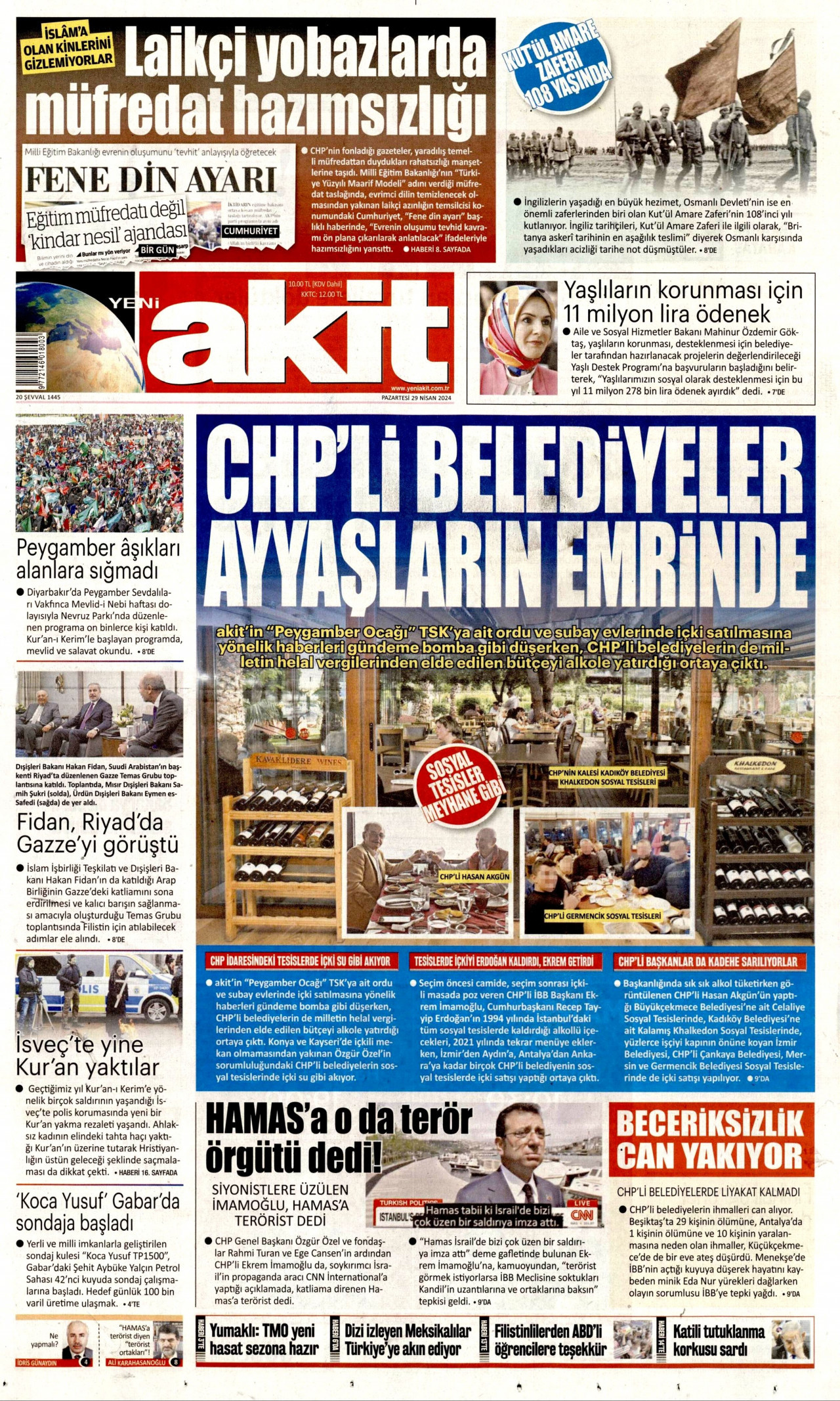 YENİ AKİT gazetesinin 29 Nisan 2024 tarihli birinci sayfası