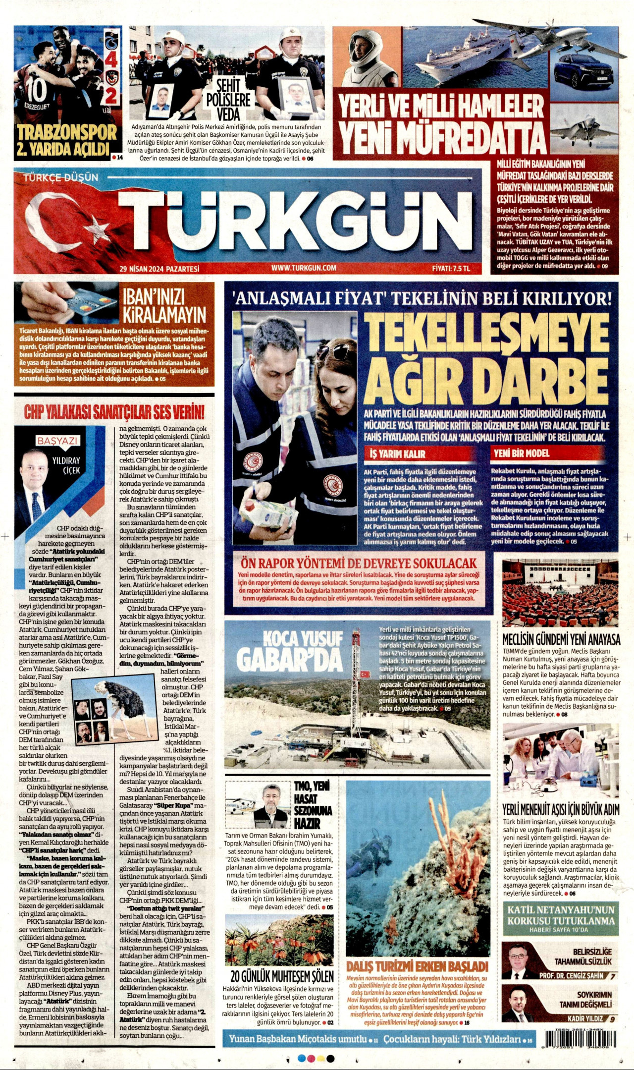 TÜRKGÜN gazetesinin 29 Nisan 2024 tarihli birinci sayfası