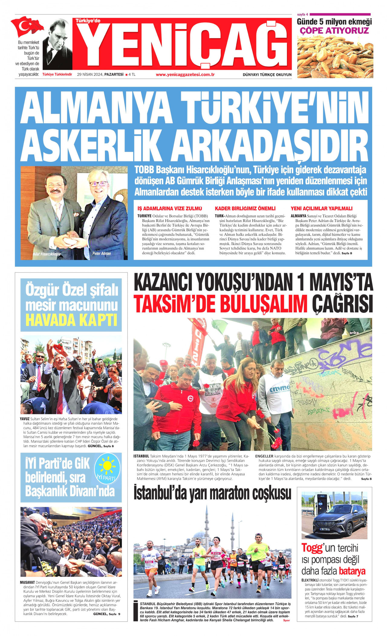 YENİÇAĞ gazetesinin 29 Nisan 2024 tarihli birinci sayfası