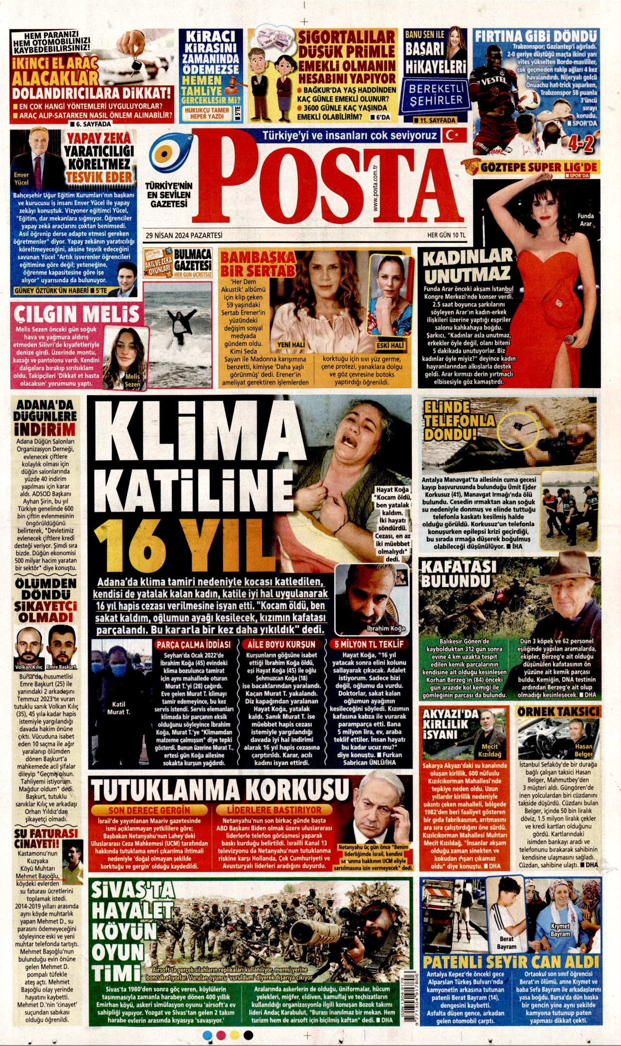 POSTA gazetesinin 29 Nisan 2024 tarihli birinci sayfası