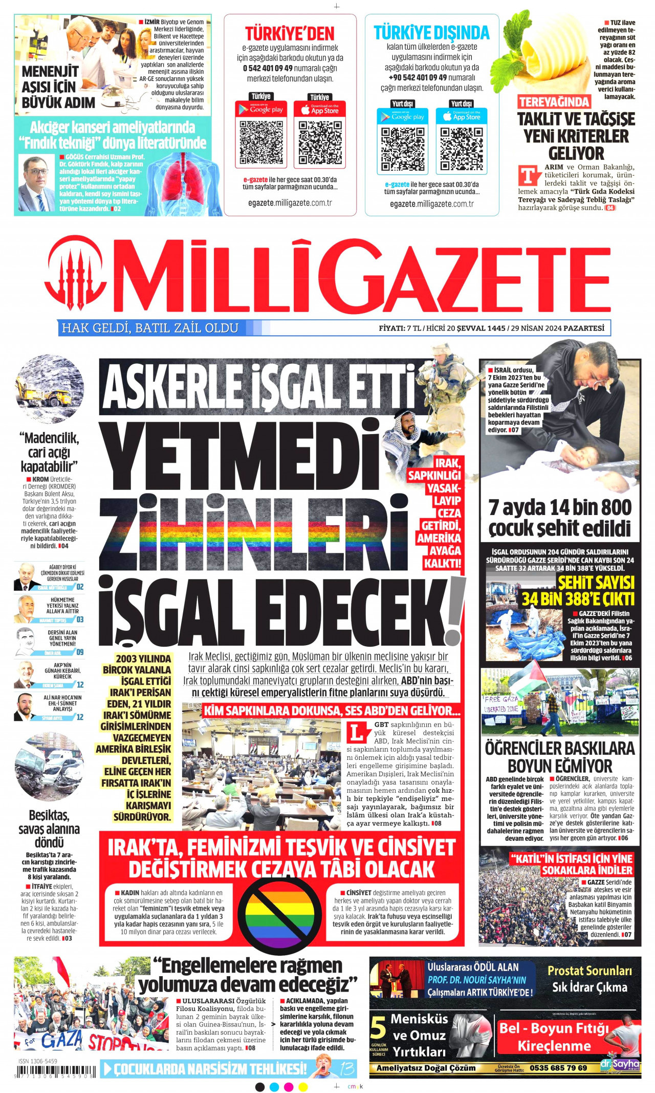 MİLLİ GAZETE gazetesinin 29 Nisan 2024 tarihli birinci sayfası